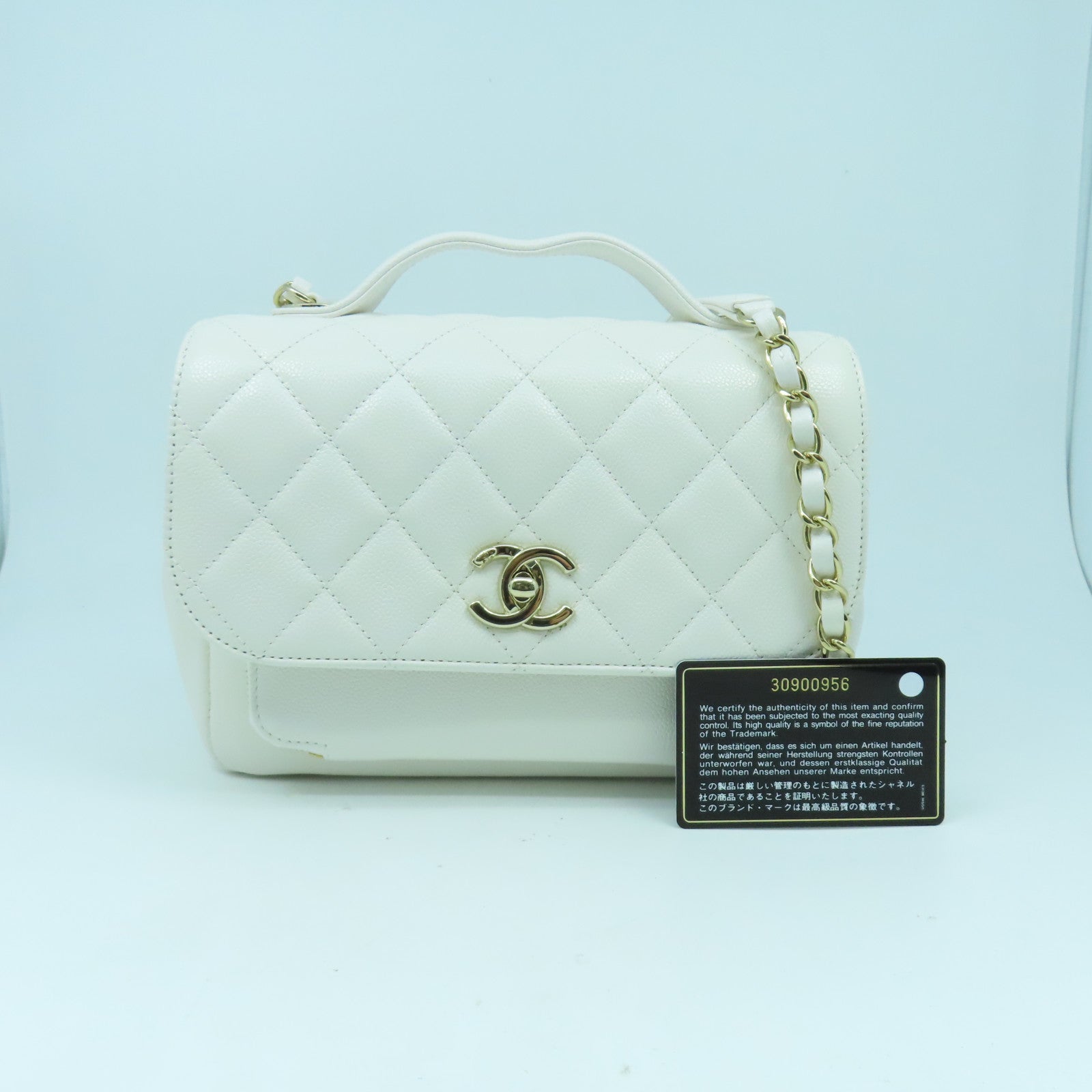 CHANEL 菱格Caviar皮革Business Affinity Bag金扣鏈帶手挽肩背兩用袋白色