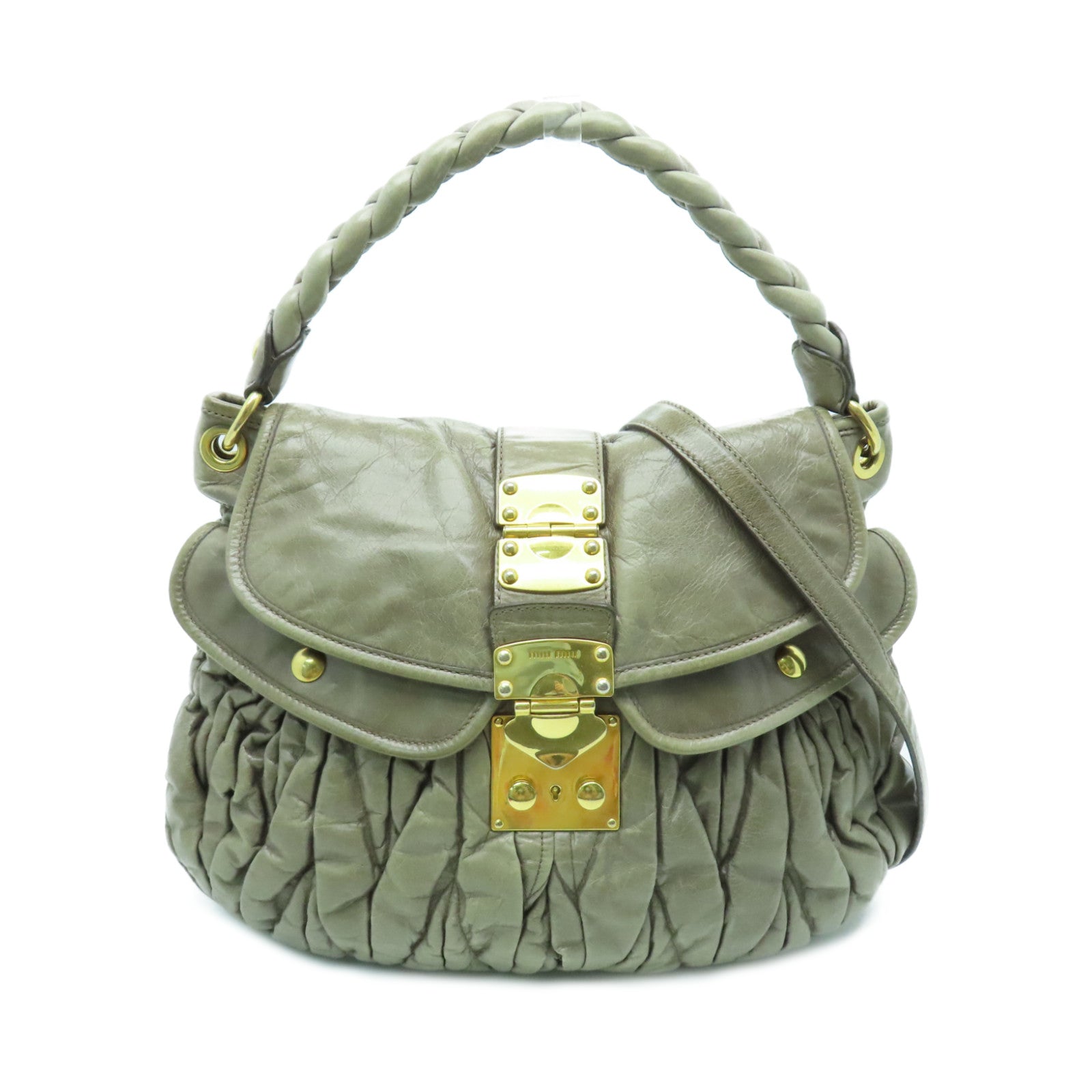 Miu Miu 【激減優惠】牛皮皮革Coffer Bag金扣手挽肩背兩用袋灰色