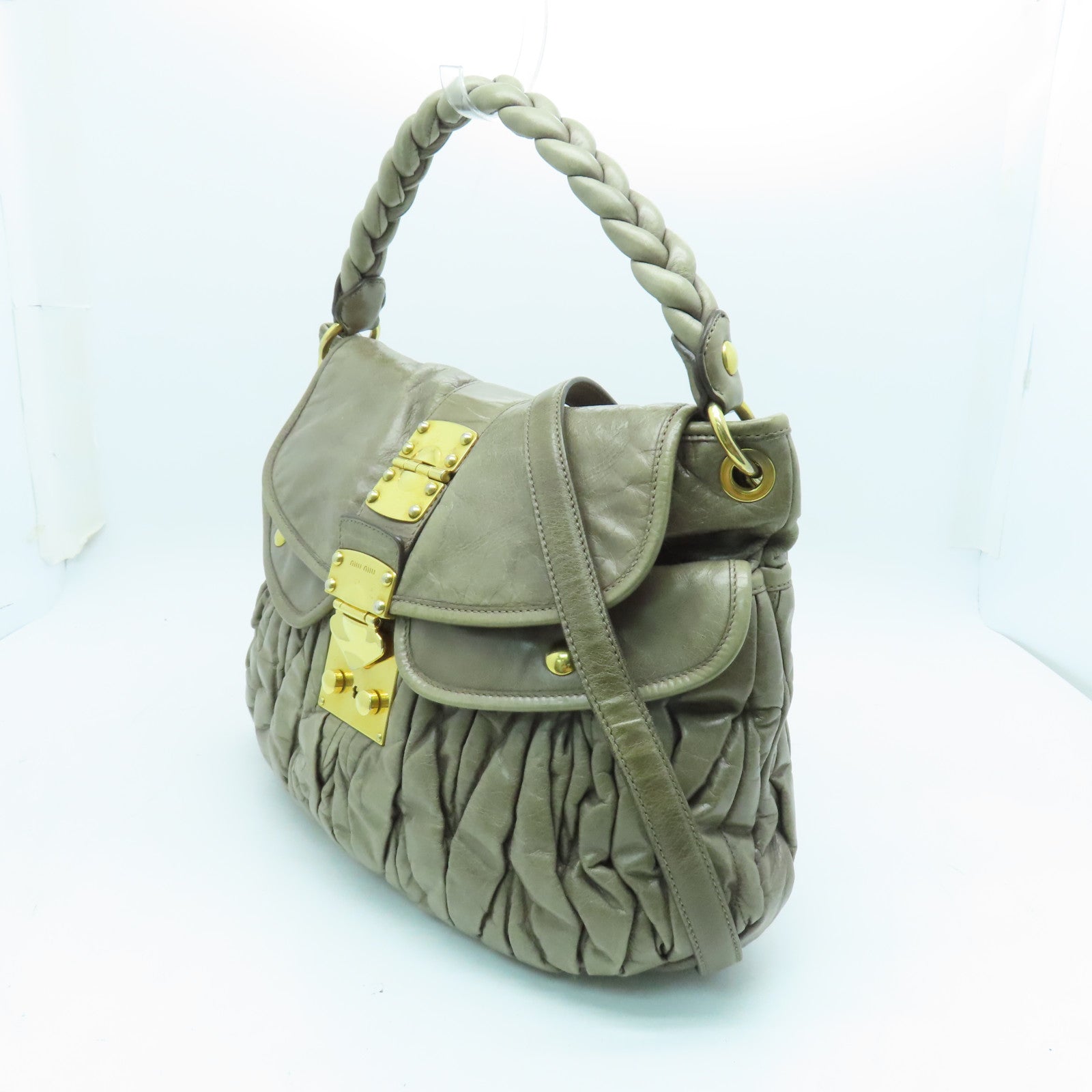 Miu Miu 【激減優惠】牛皮皮革Coffer Bag金扣手挽肩背兩用袋灰色