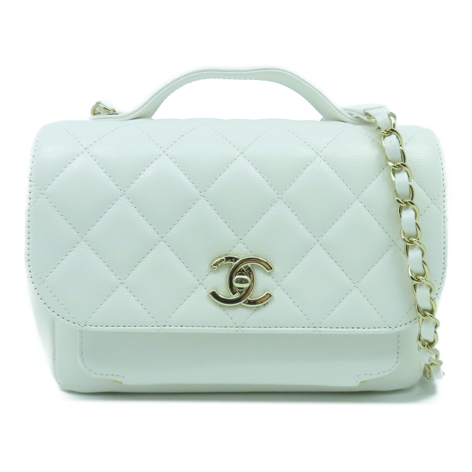 CHANEL 菱格Caviar皮革Business Affinity Bag金扣鏈帶手挽肩背兩用袋白色
