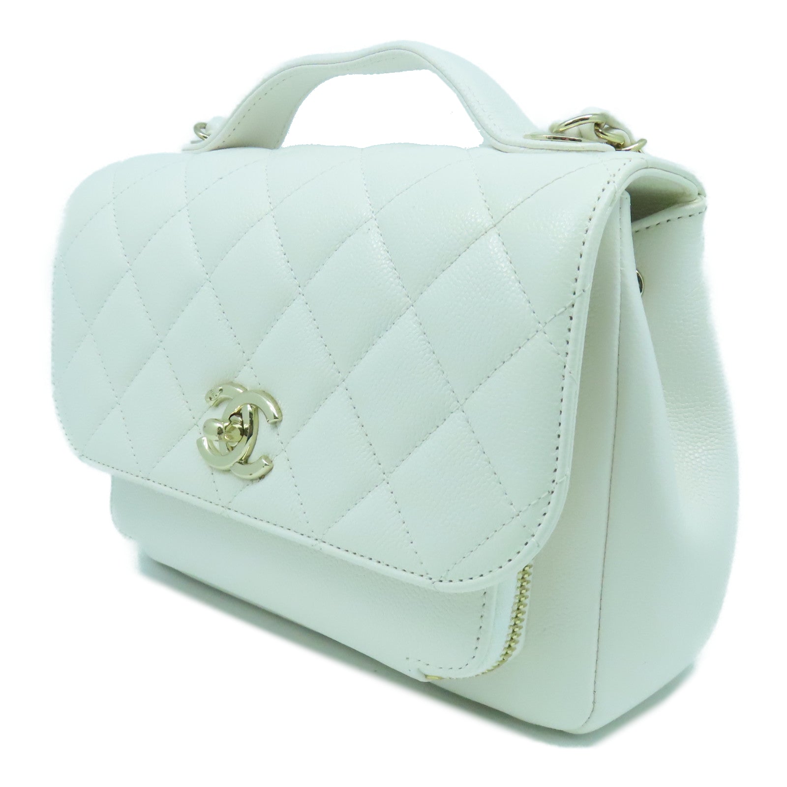CHANEL 菱格Caviar皮革Business Affinity Bag金扣鏈帶手挽肩背兩用袋白色