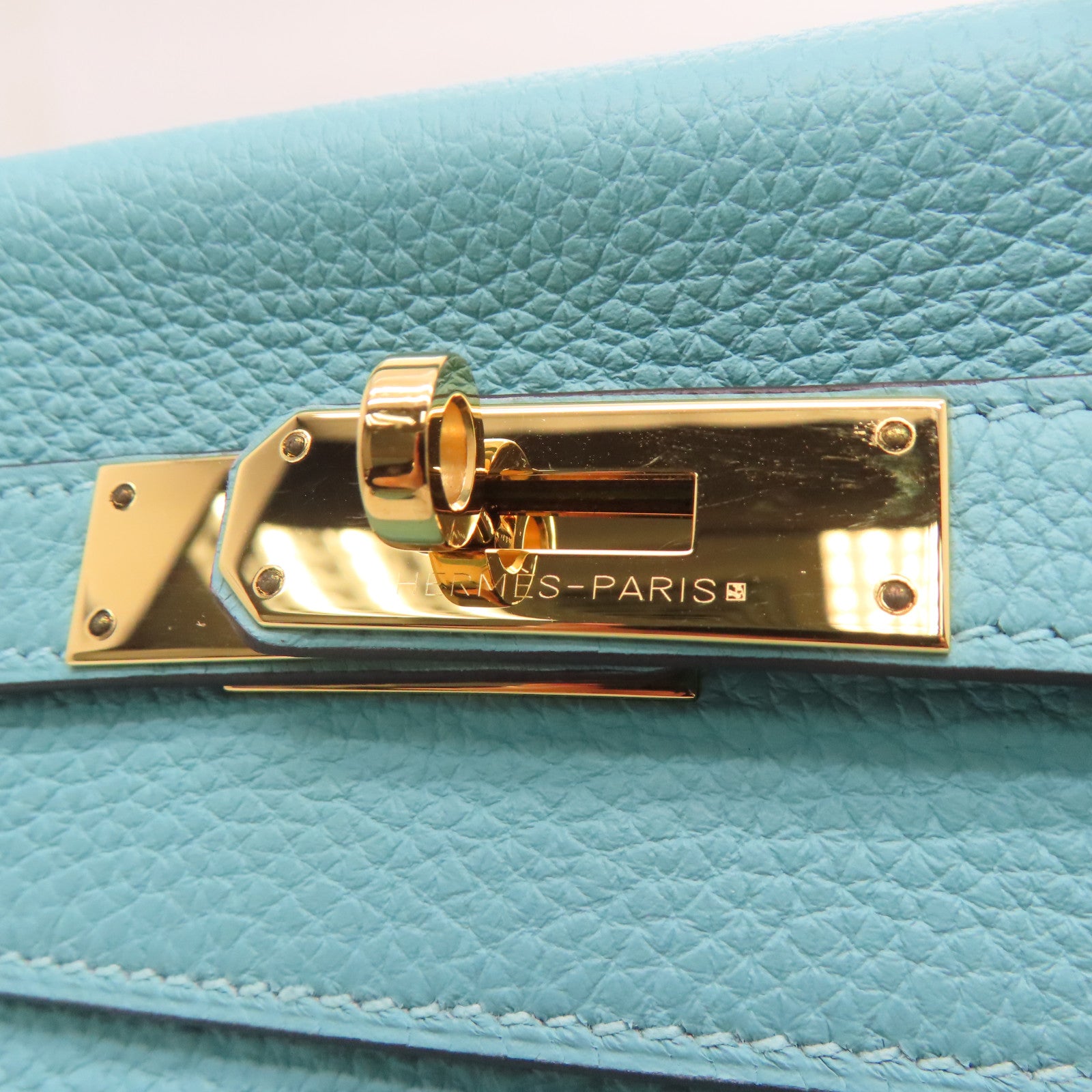 HERMES Clemence皮革Kelly 35金扣手挽肩背两用袋Blue Atoll/蓝色