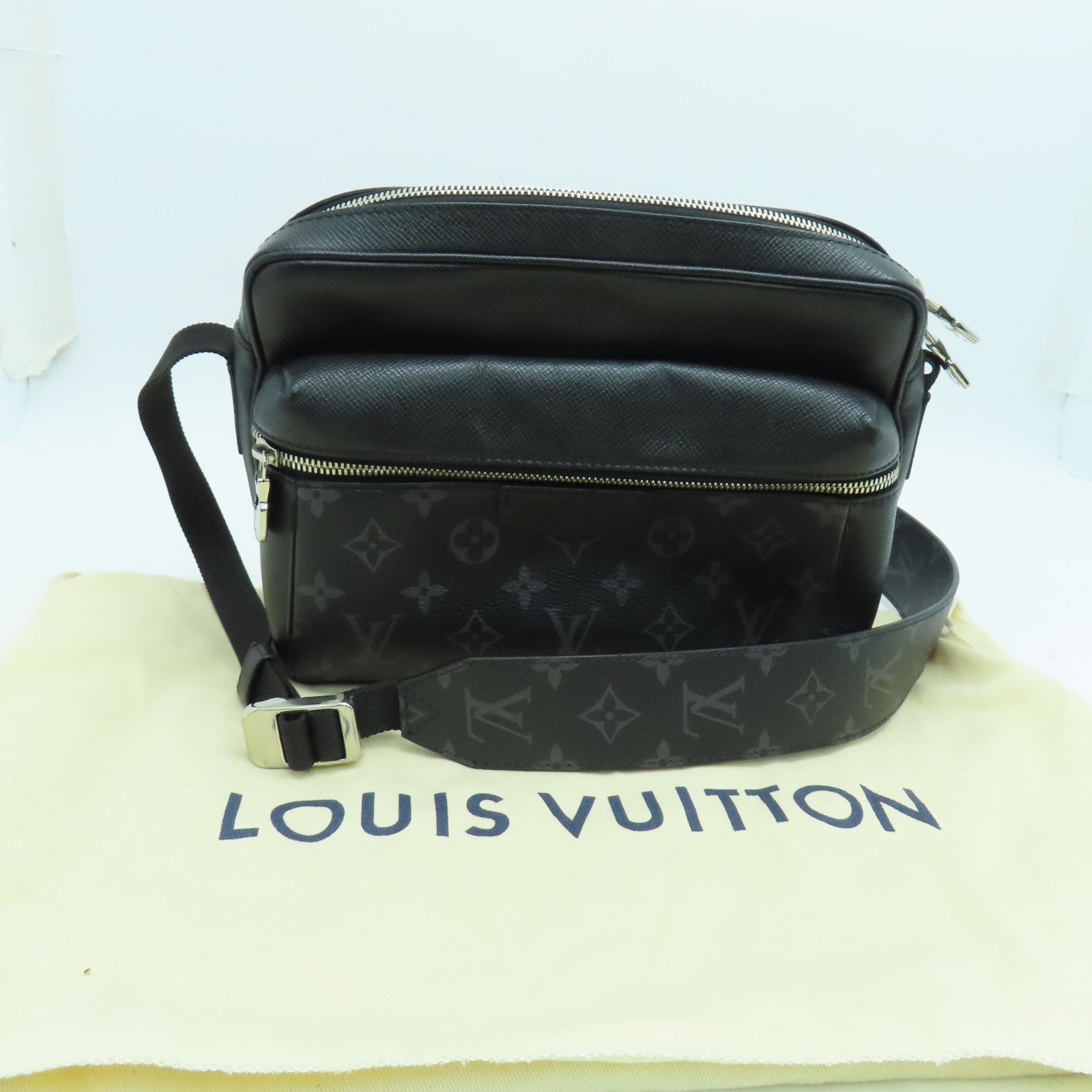 LOUIS VUITTON Monogram Eclipse Outdoor Messenger PM Silver Buckle Shoulder Bag Black