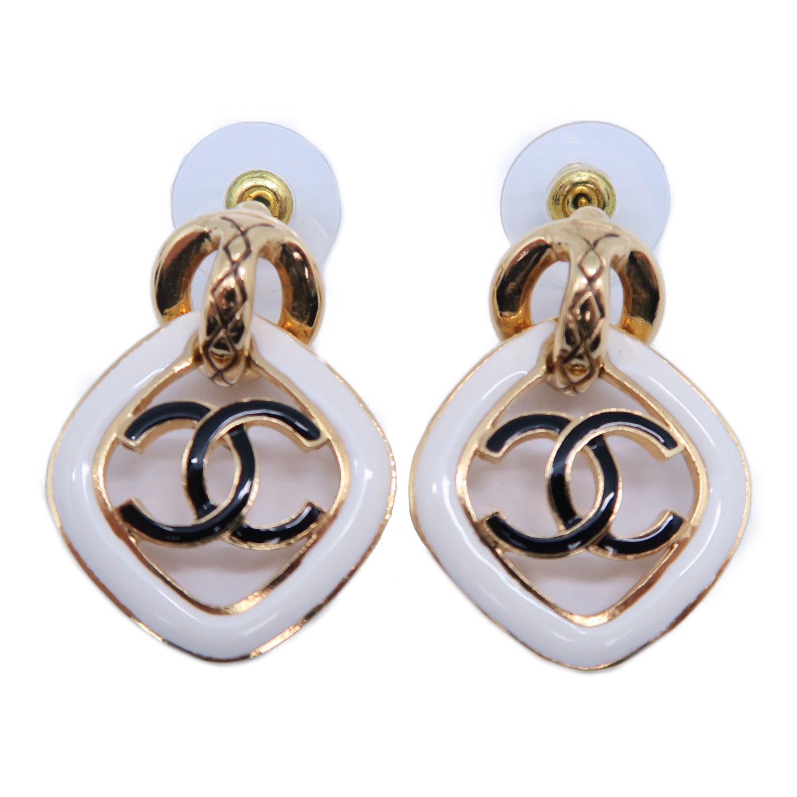 CHANEL 金屬Earrings金扣耳環白色/黑色