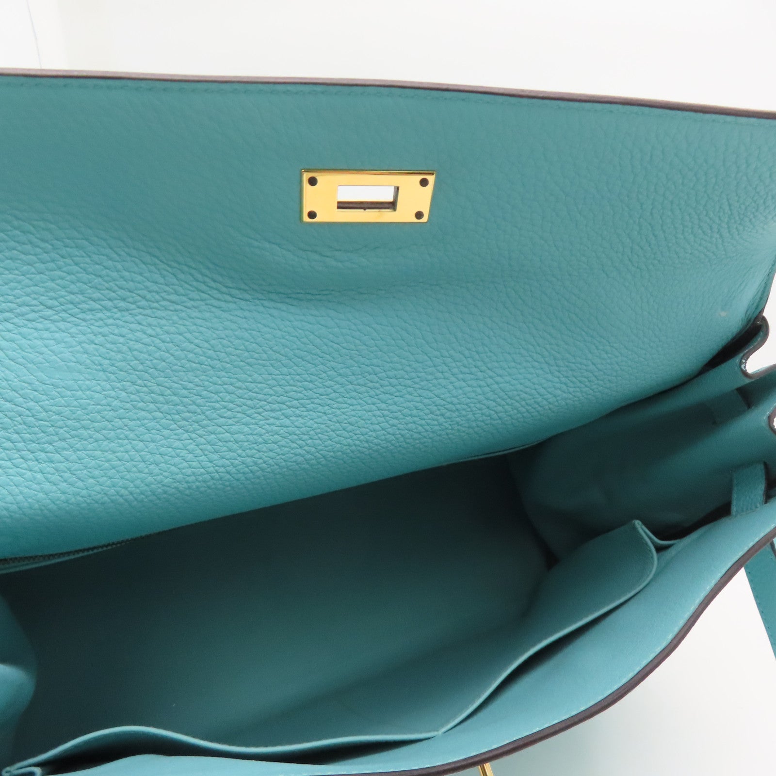 HERMES Clemence皮革Kelly 35金扣手挽肩背两用袋Blue Atoll/蓝色