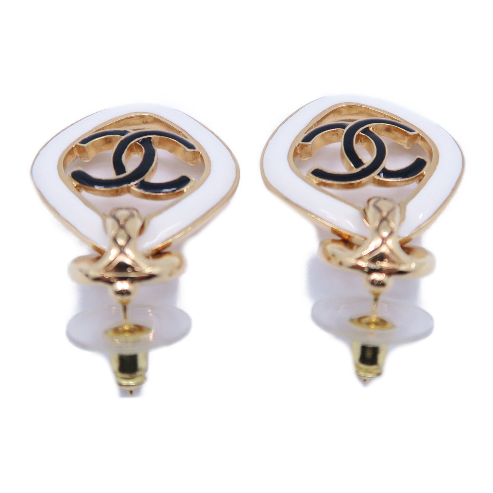 CHANEL 金屬Earrings金扣耳環白色/黑色