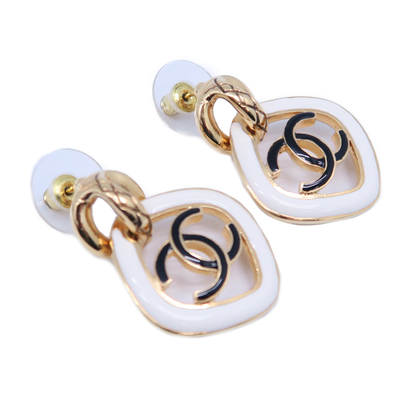 CHANEL 金屬Earrings金扣耳環白色/黑色
