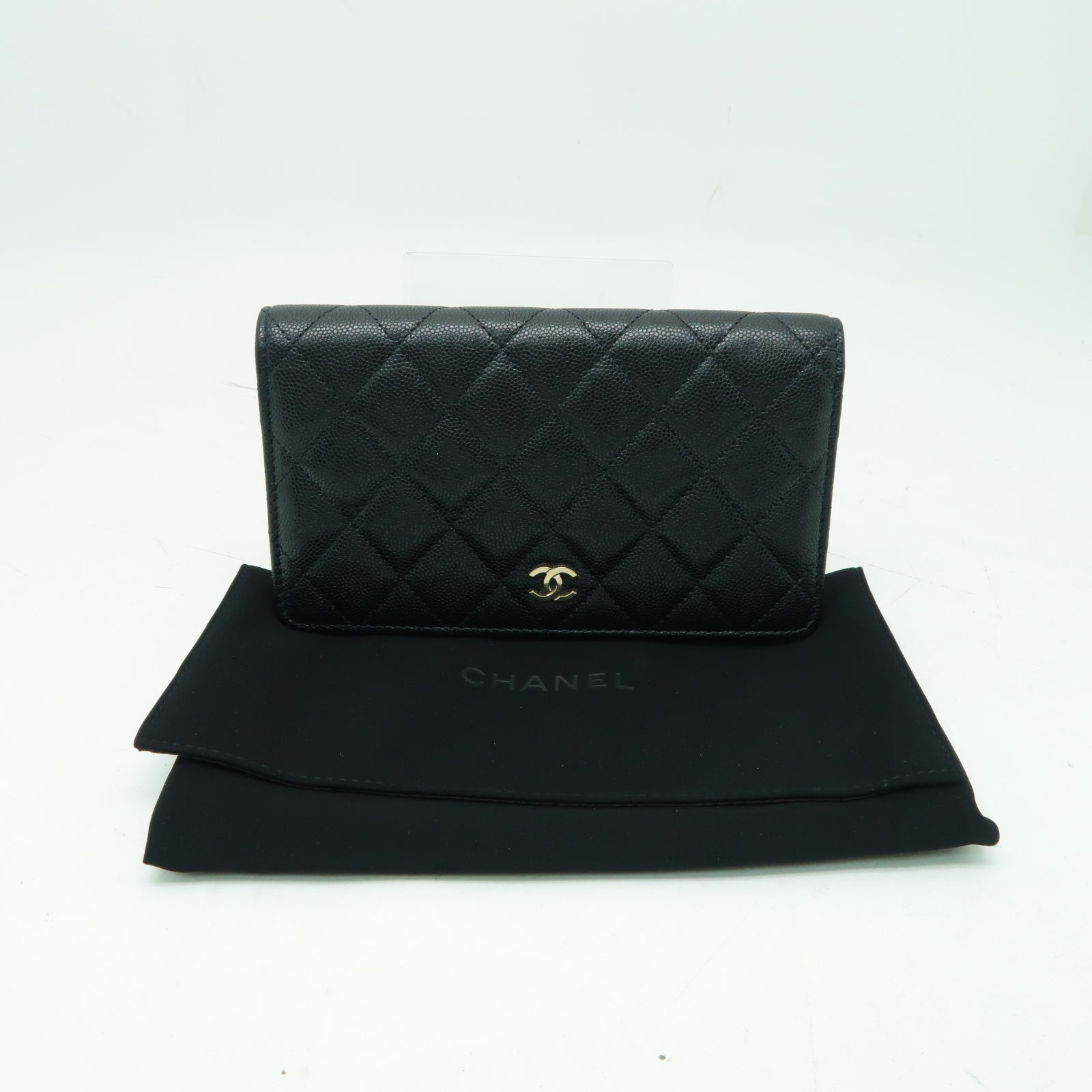 CHANEL 菱格Caviar皮革Long Wallet金扣長錢包黒色