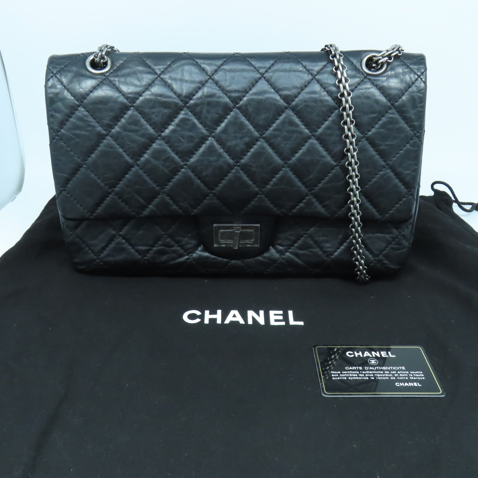 CHANEL 菱格牛皮皮革2.55 Chain Shoulder銀扣鏈帶肩背袋黑色