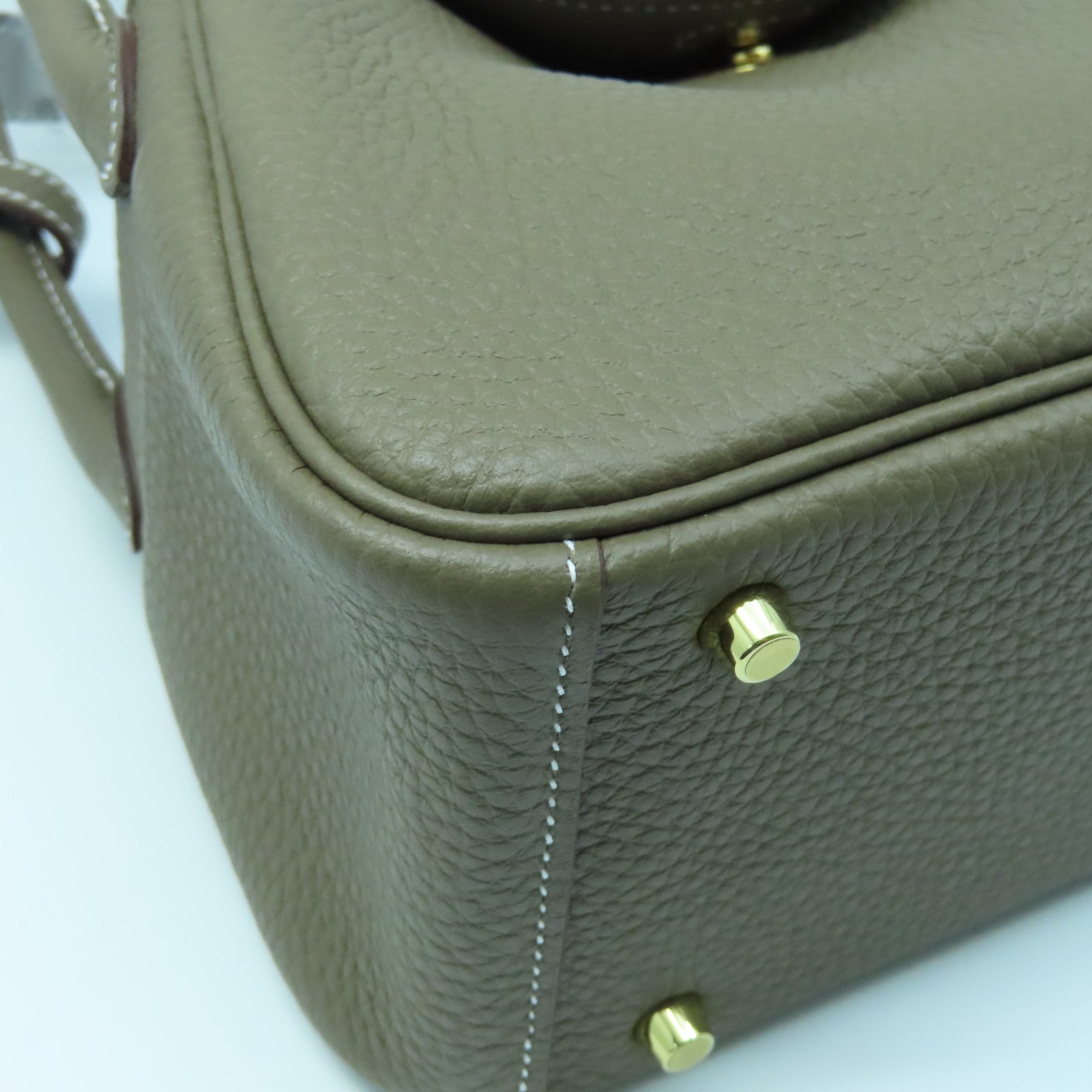 HERMES Clemence Leather Mini Lindy Gold Buckle Handle Shoulder Bag Elephant Gray