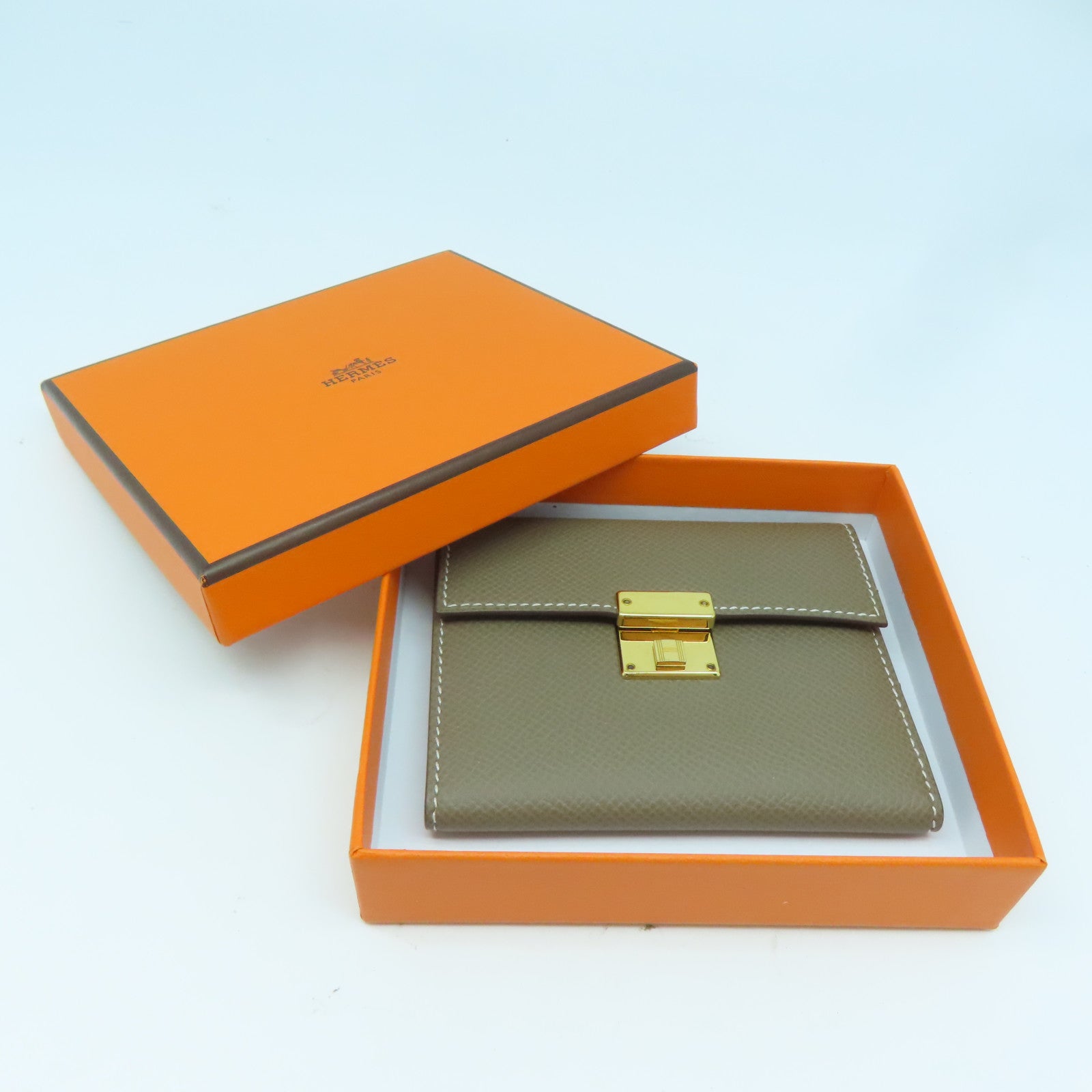 HERMES Epsom皮革Clic金扣卡片套啡色