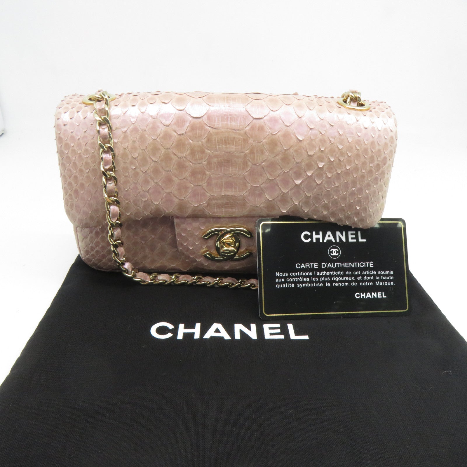 CHANEL 蛇皮皮革Chain Shoulder金扣鏈帶肩背袋粉紅色