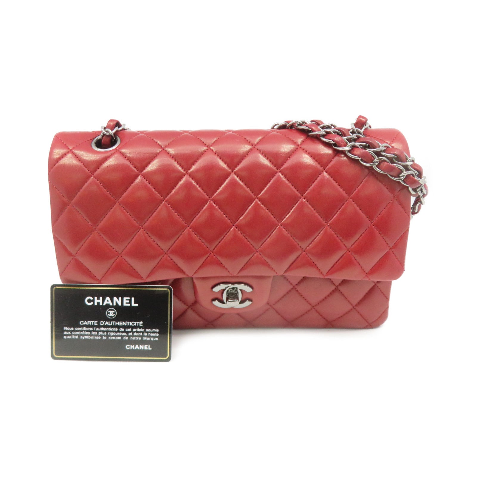 CHANEL 【激減優惠】菱格牛皮皮革銀扣Classic 25cm鏈帶肩背袋紅色