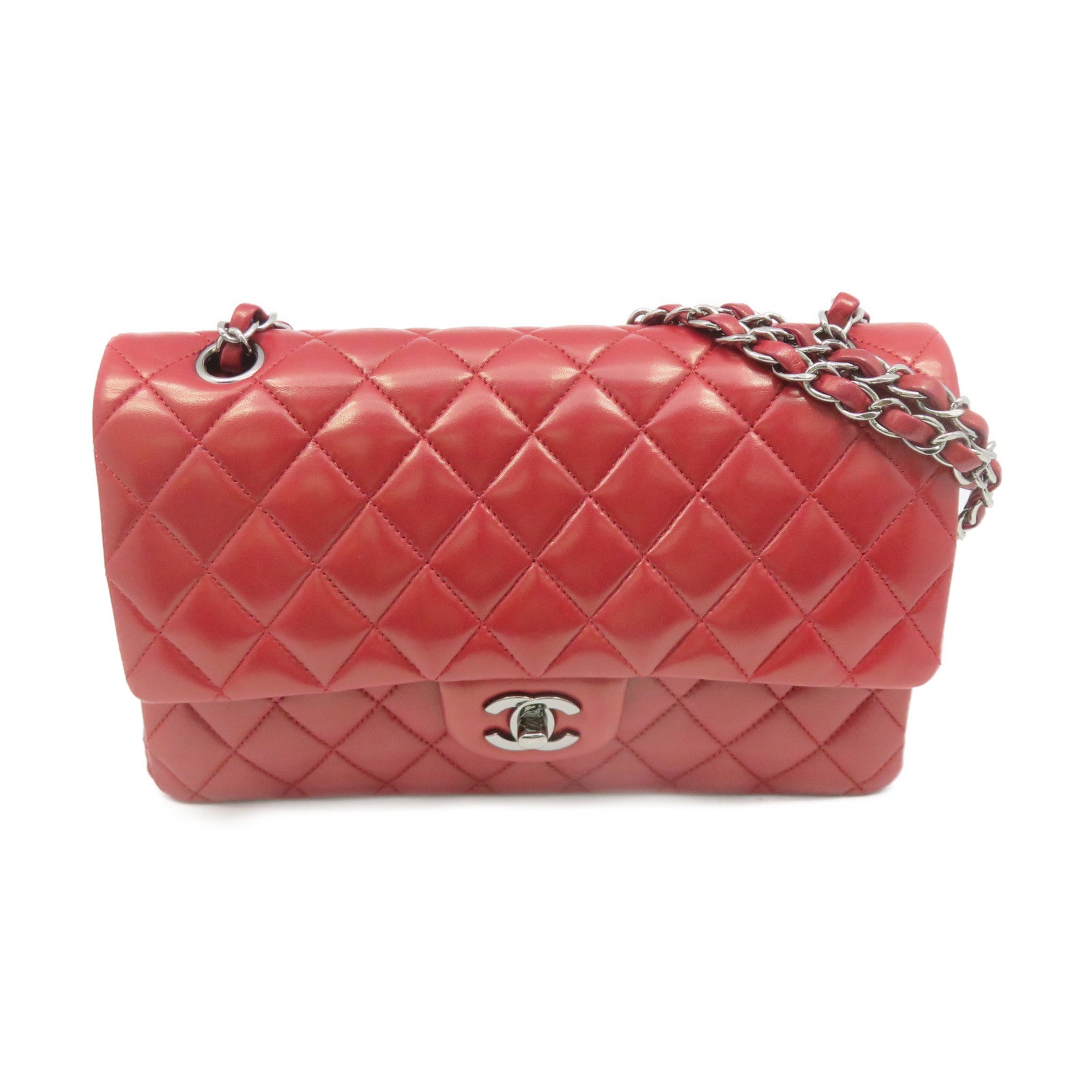 CHANEL 【激減優惠】菱格牛皮皮革銀扣Classic 25cm鏈帶肩背袋紅色