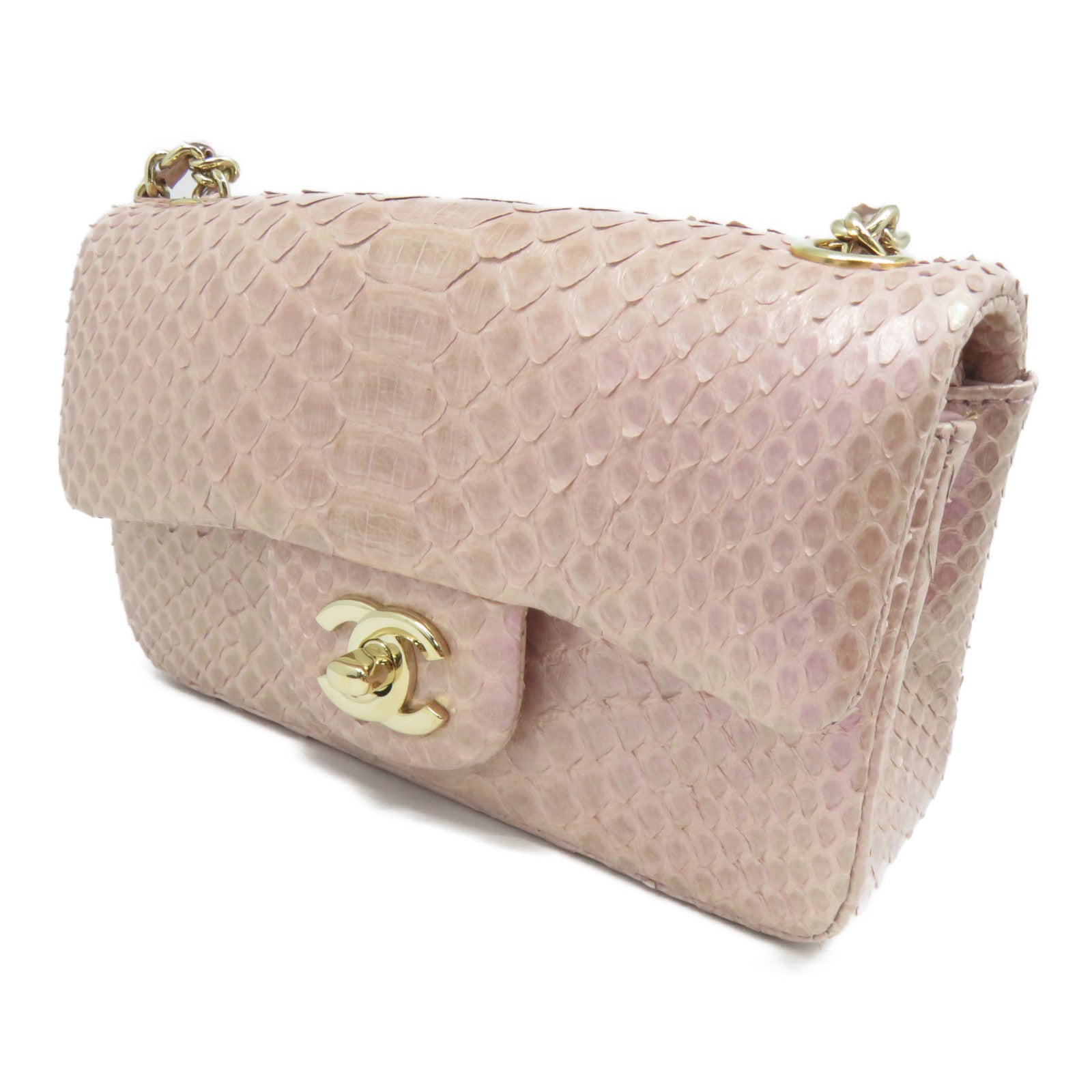 CHANEL 蛇皮皮革Chain Shoulder金扣鏈帶肩背袋粉紅色