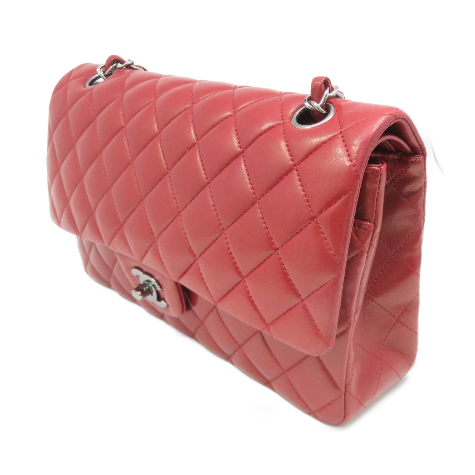 CHANEL 【激減優惠】菱格牛皮皮革銀扣Classic 25cm鏈帶肩背袋紅色