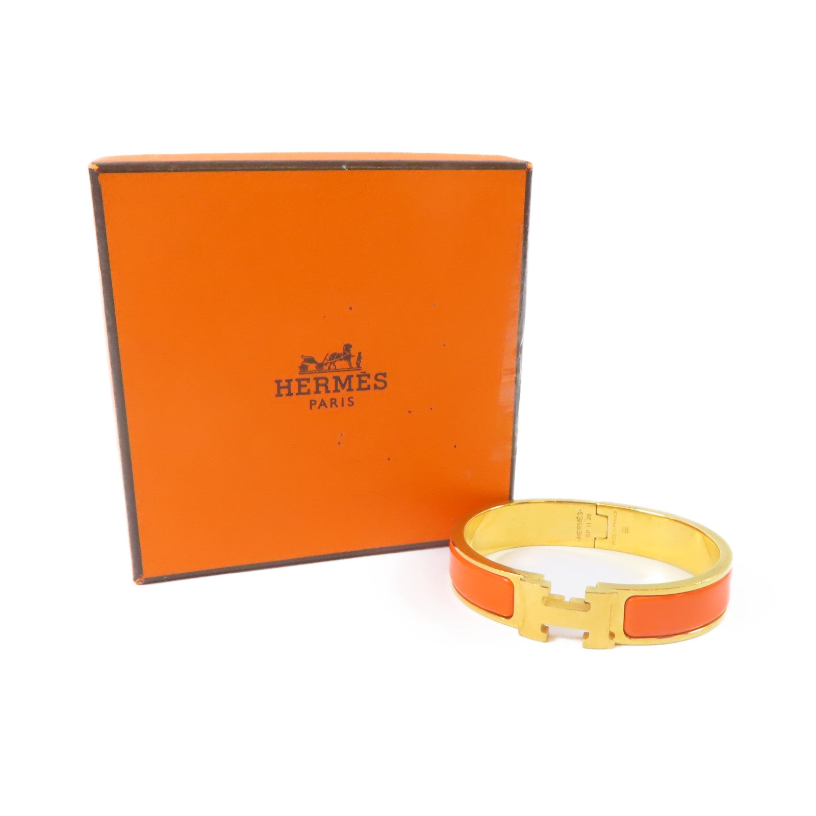HERMES 金屬Clic H手鐲金色/橙色#15.75cm