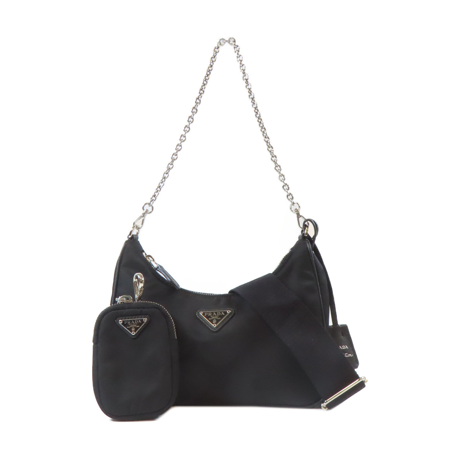 PRADA 尼龍Re-Edition2005銀扣手挽肩背兩用袋黑色