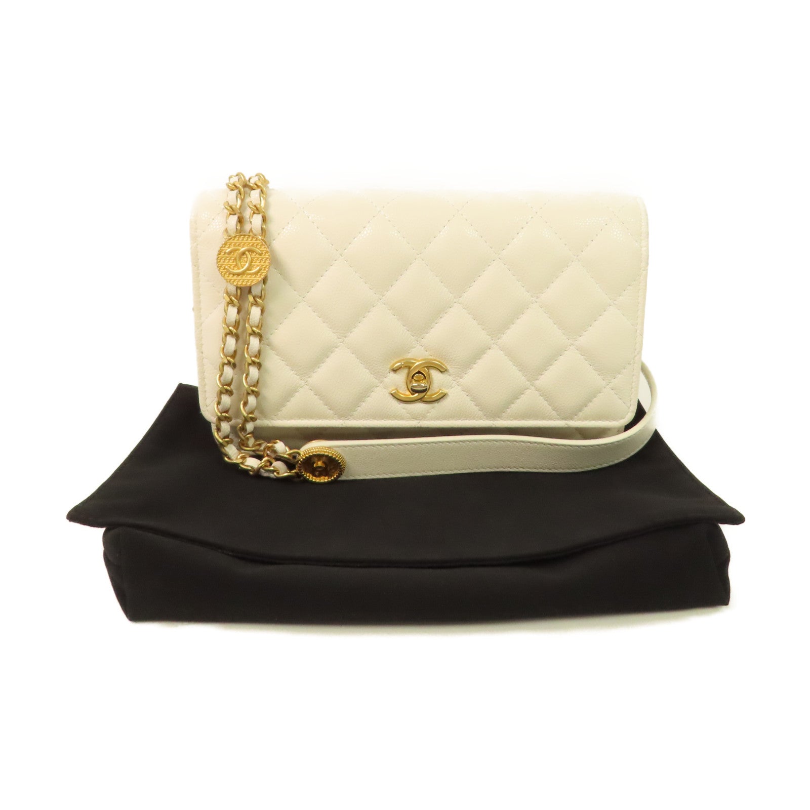 CHANEL 菱格Caviar皮革Gold Coin Chain WOC Shoulder Bag金扣鏈帶肩背袋米白色