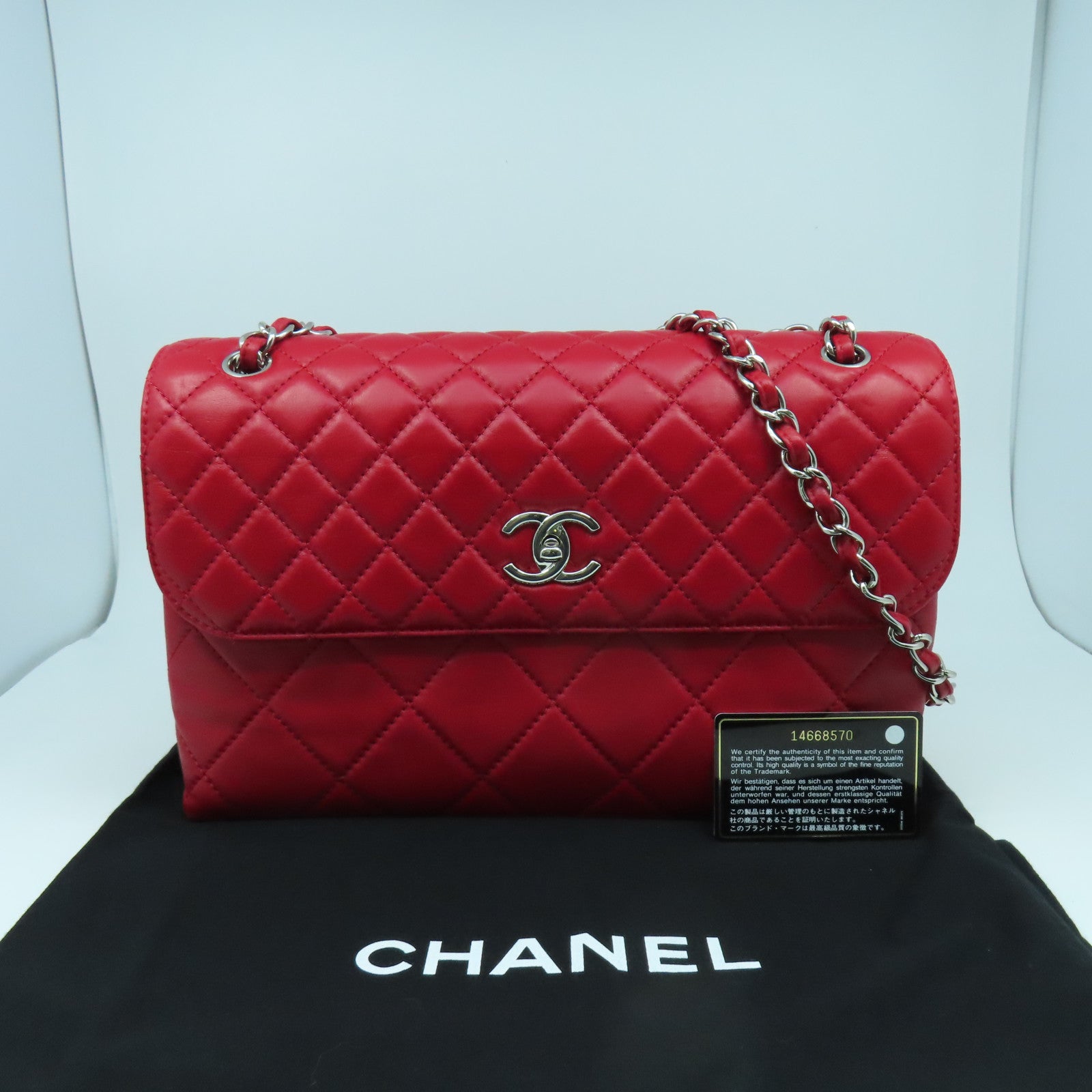 CHANEL 菱格牛皮皮革Chain Shoulder Bag銀扣鏈帶肩背袋紅色