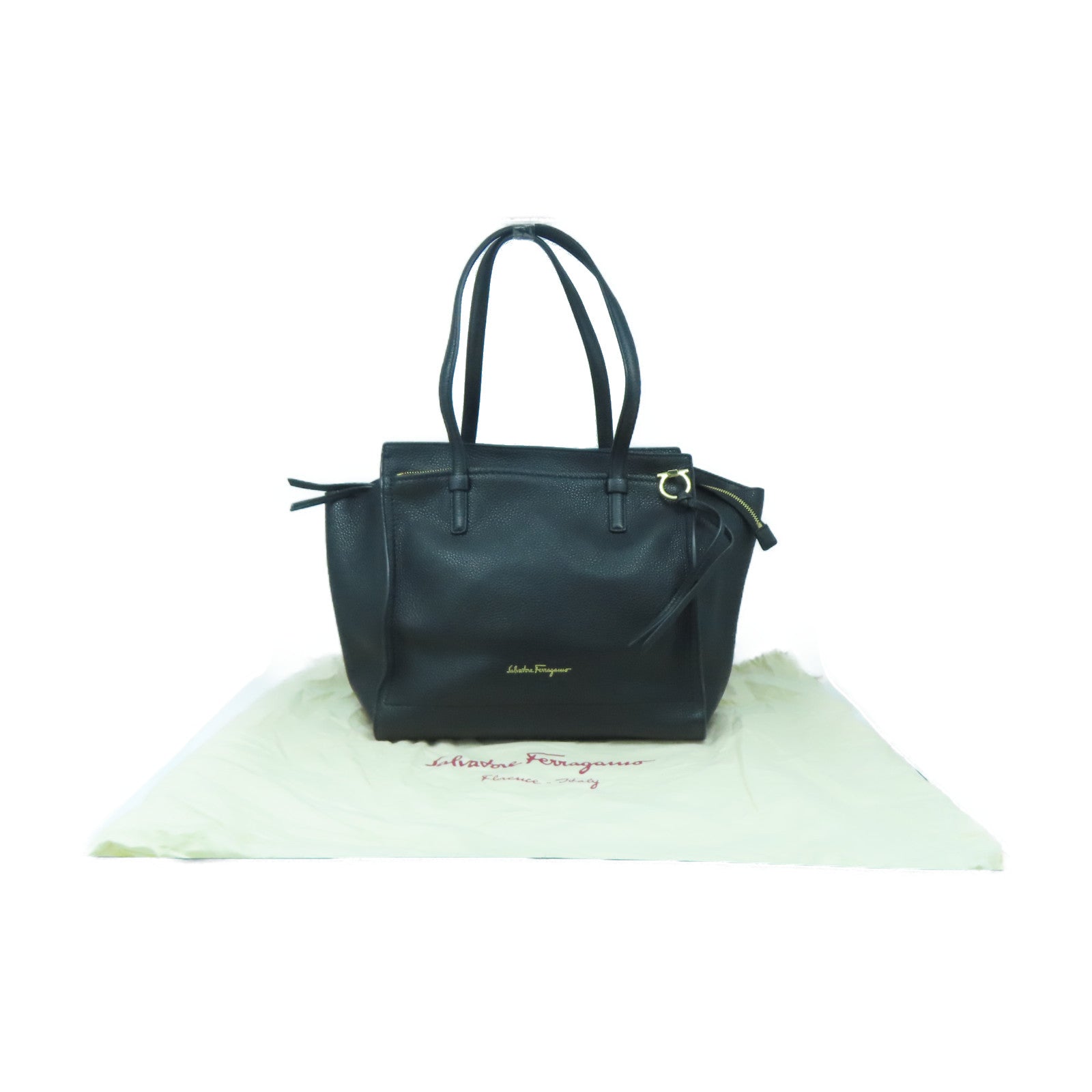 Salvatore Ferragamo cowhide leather Tote Bag gold buckle handle bag black