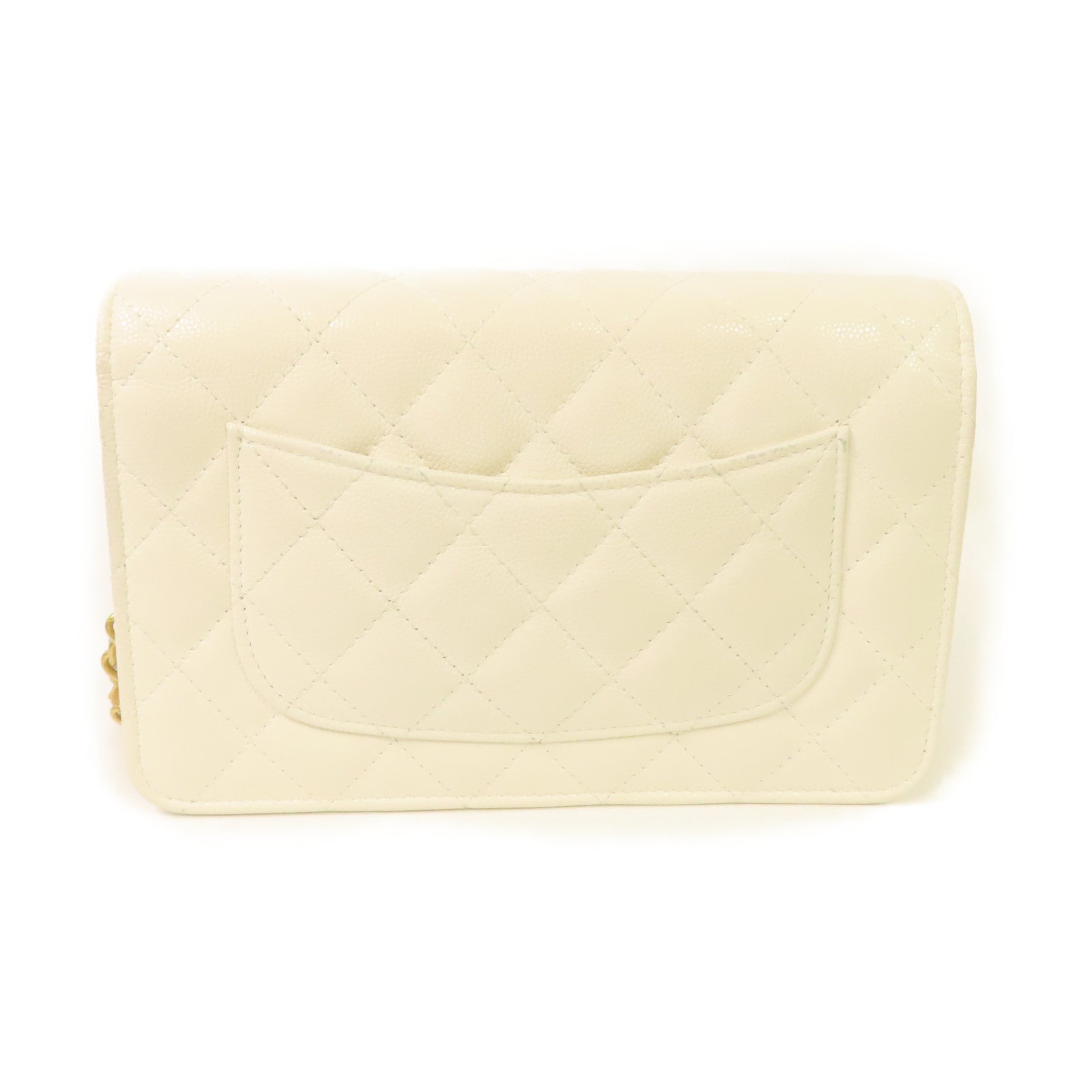 CHANEL 菱格Caviar皮革Gold Coin Chain WOC Shoulder Bag金扣鏈帶肩背袋米白色