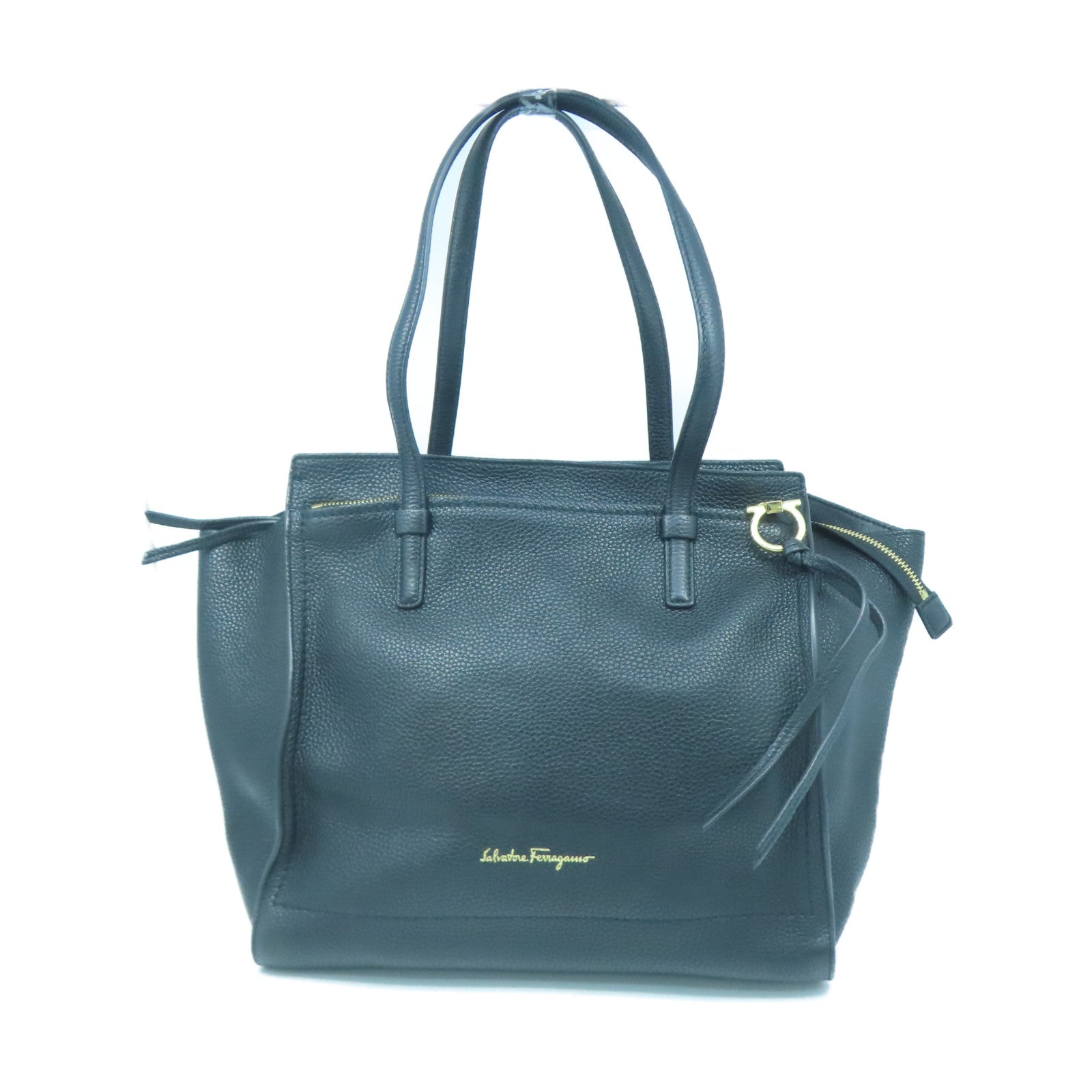 Salvatore Ferragamo cowhide leather Tote Bag gold buckle handle bag black