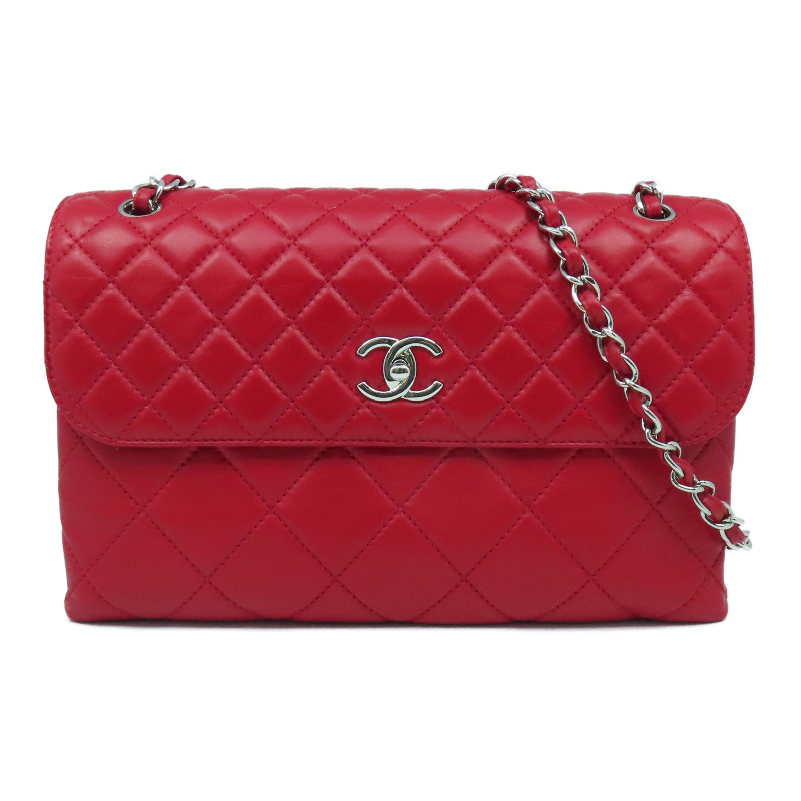 CHANEL 菱格牛皮皮革Chain Shoulder Bag銀扣鏈帶肩背袋紅色