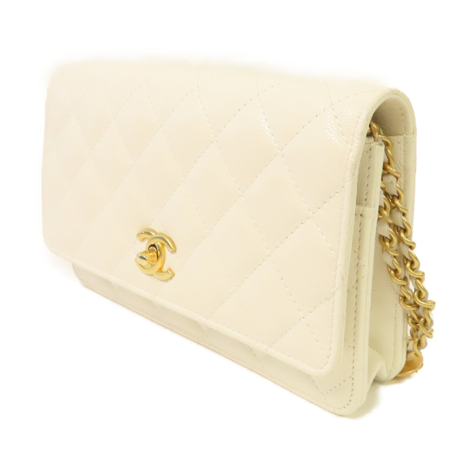 CHANEL 菱格Caviar皮革Gold Coin Chain WOC Shoulder Bag金扣鏈帶肩背袋米白色