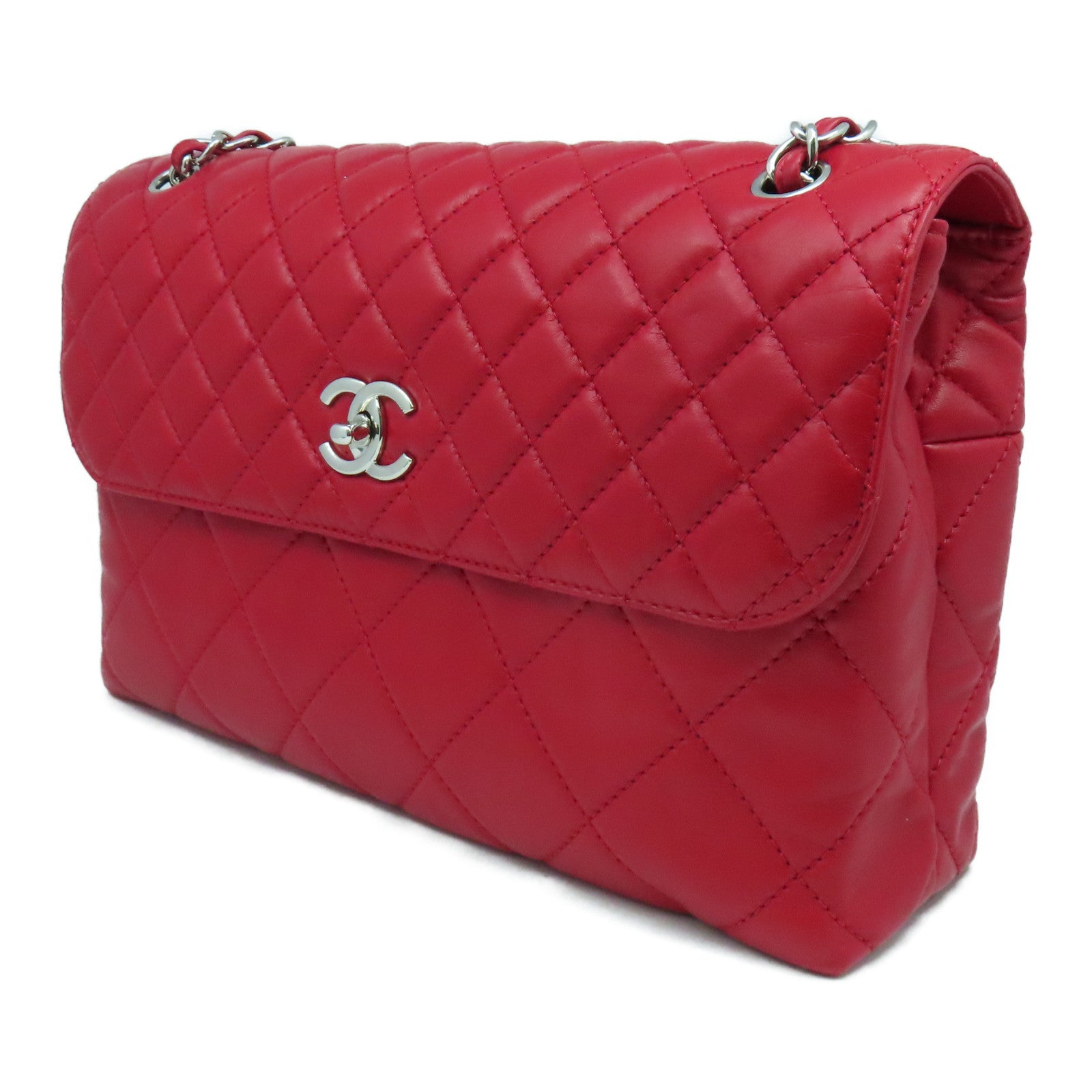 CHANEL 菱格牛皮皮革Chain Shoulder Bag銀扣鏈帶肩背袋紅色