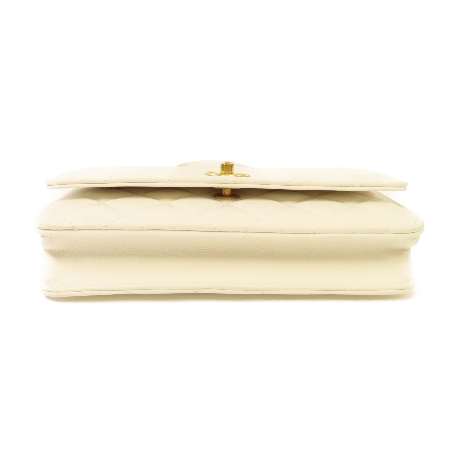 CHANEL 菱格Caviar皮革Gold Coin Chain WOC Shoulder Bag金扣鏈帶肩背袋米白色