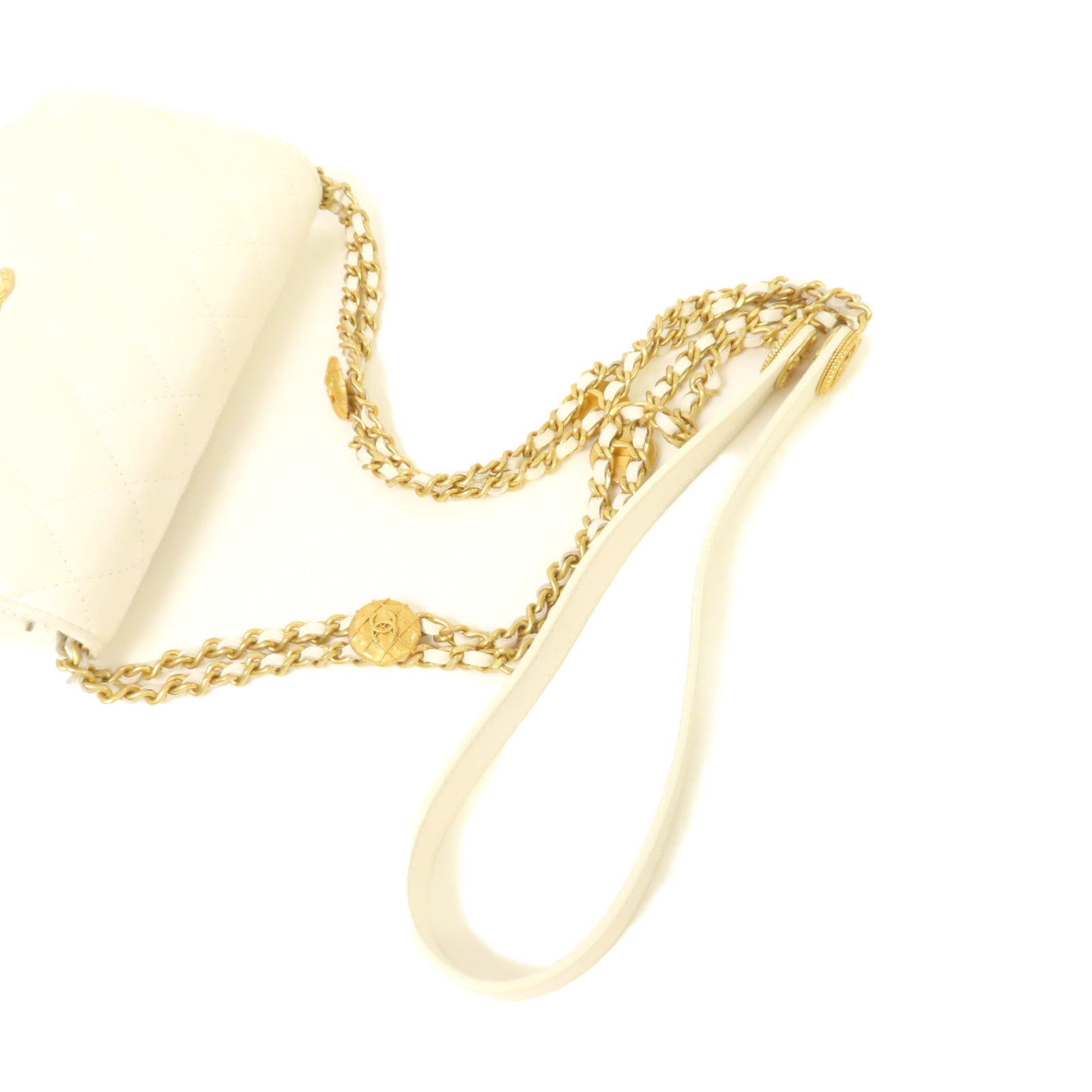 CHANEL 菱格Caviar皮革Gold Coin Chain WOC Shoulder Bag金扣鏈帶肩背袋米白色