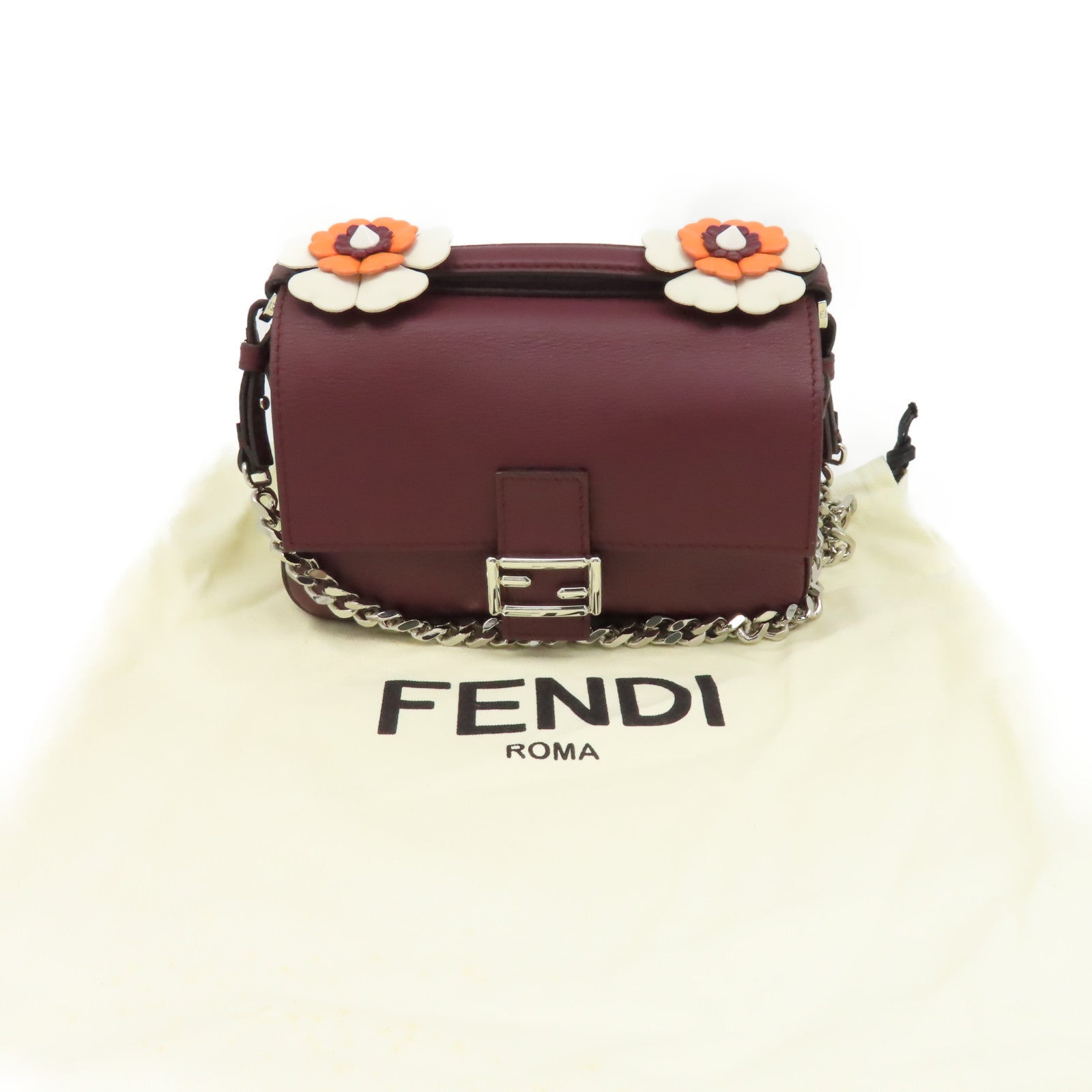 FENDI 牛皮皮革Dippia Micro Baguette Shoulder Bag鏈帶肩背袋酒紅色/米白色