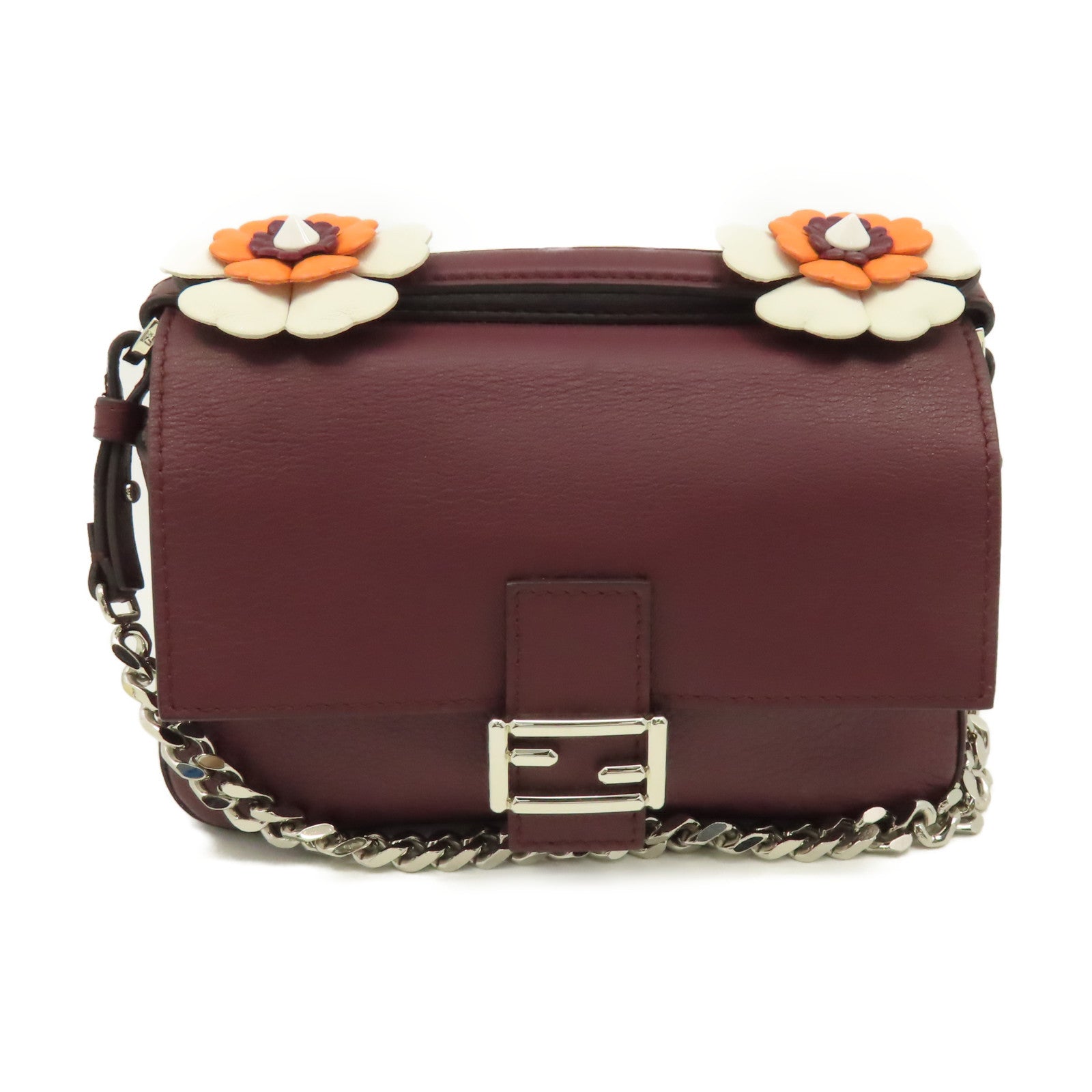 FENDI 牛皮皮革Dippia Micro Baguette Shoulder Bag鏈帶肩背袋酒紅色/米白色