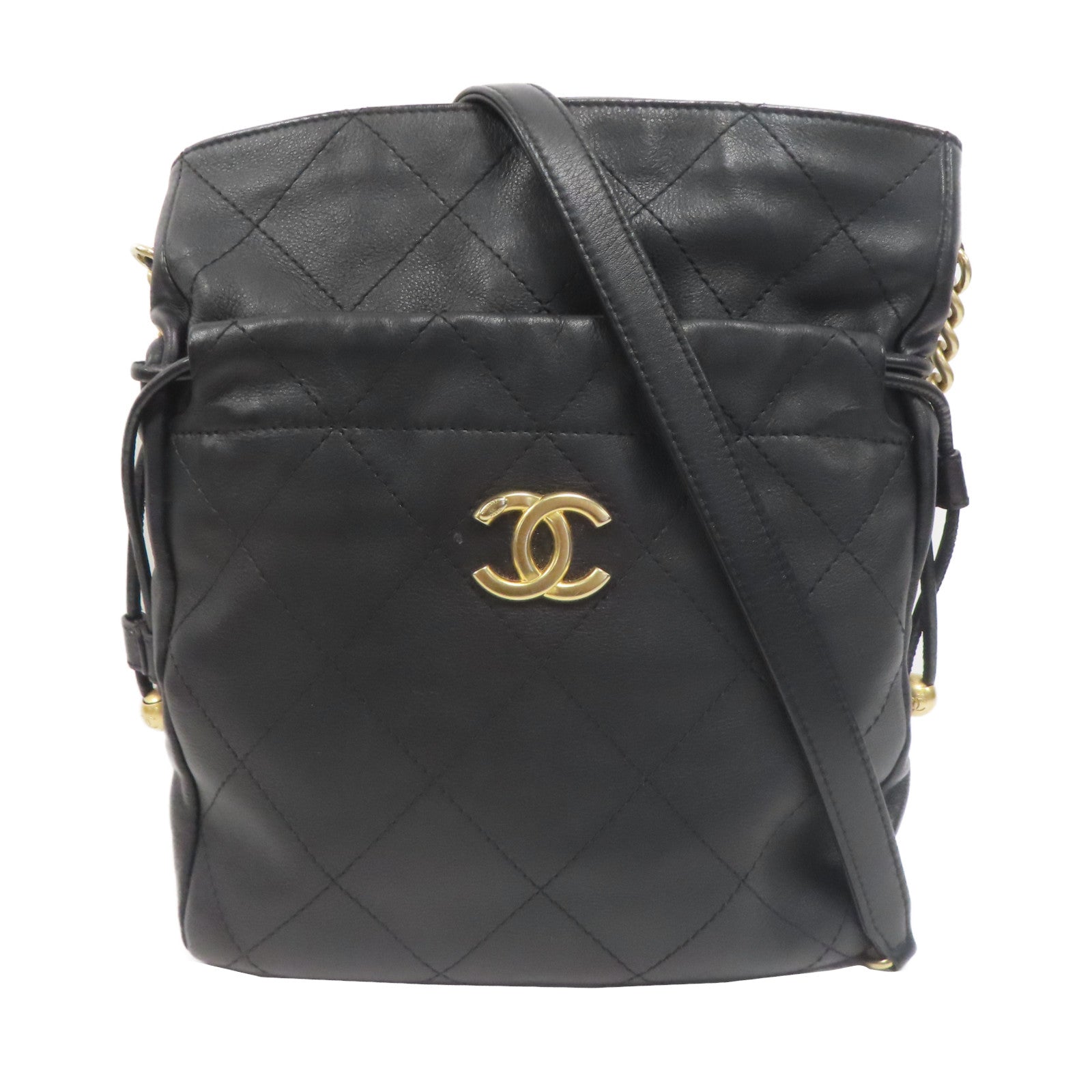 CHANEL 菱格牛皮皮革Chain Shoulder金扣鏈帶肩背袋黑色