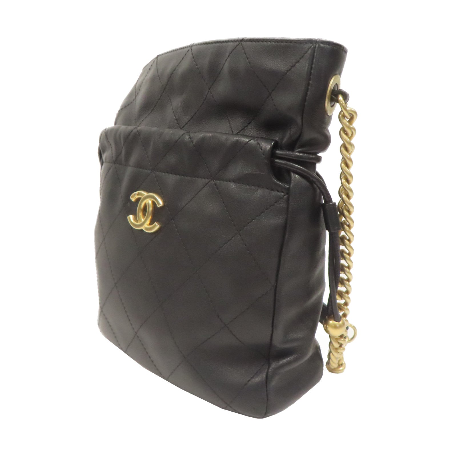 CHANEL 菱格牛皮皮革Chain Shoulder金扣鏈帶肩背袋黑色