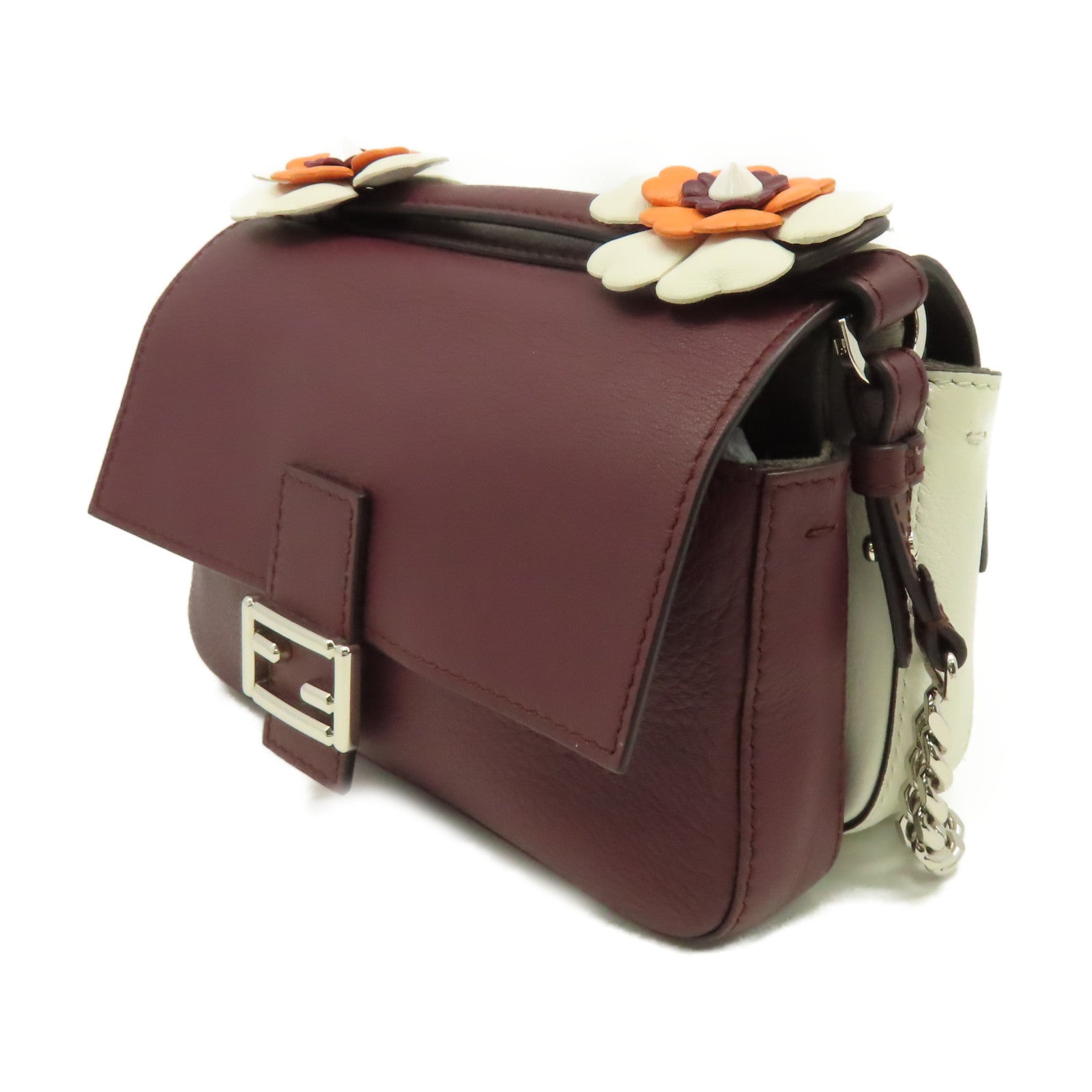 FENDI 牛皮皮革Dippia Micro Baguette Shoulder Bag鏈帶肩背袋酒紅色/米白色