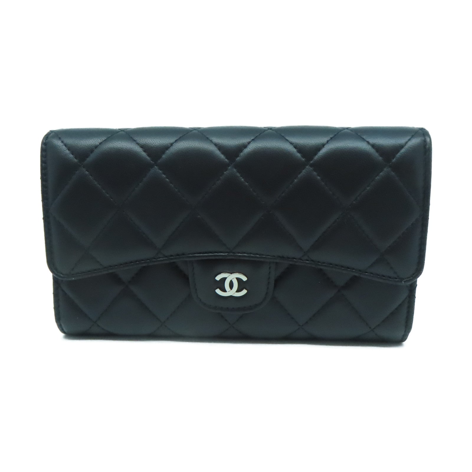 CHANEL 菱格羊皮皮革Round Long Wallet銀扣長錢包黑色