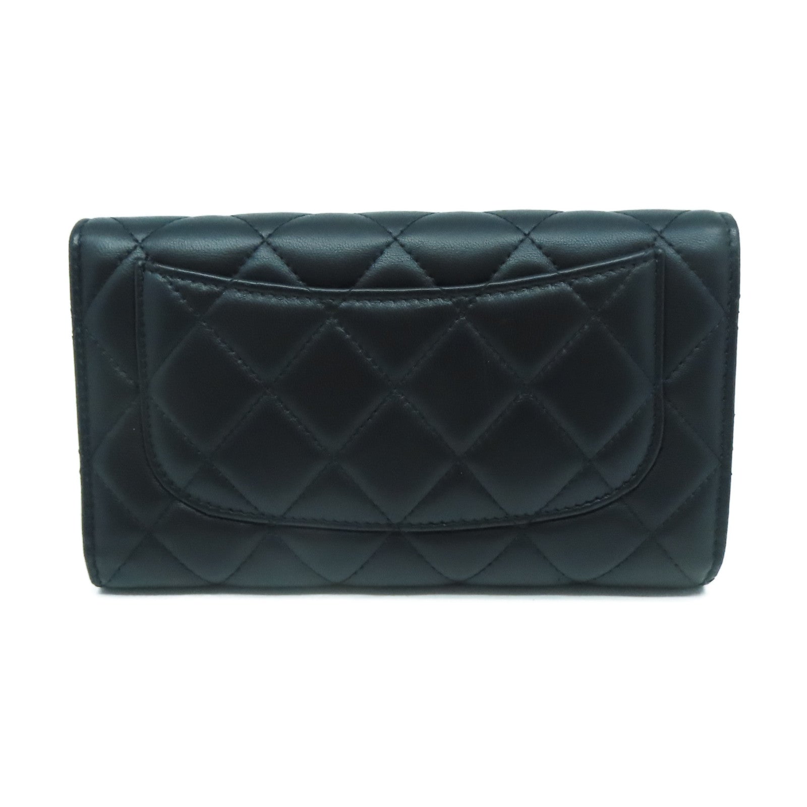 CHANEL 菱格羊皮皮革Round Long Wallet銀扣長錢包黑色