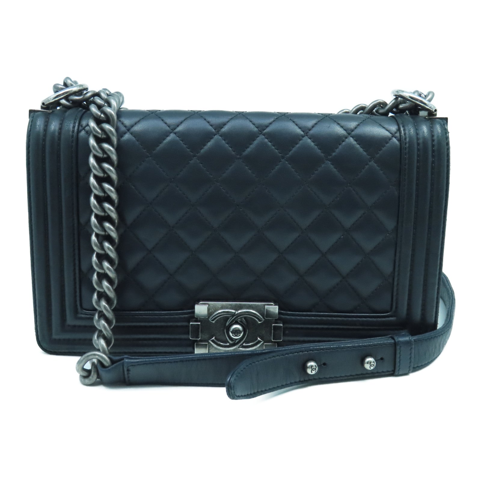 CHANEL Rhombus Sheepskin Leather Boy 25cm Silver Buckle Chain Shoulder Bag Black