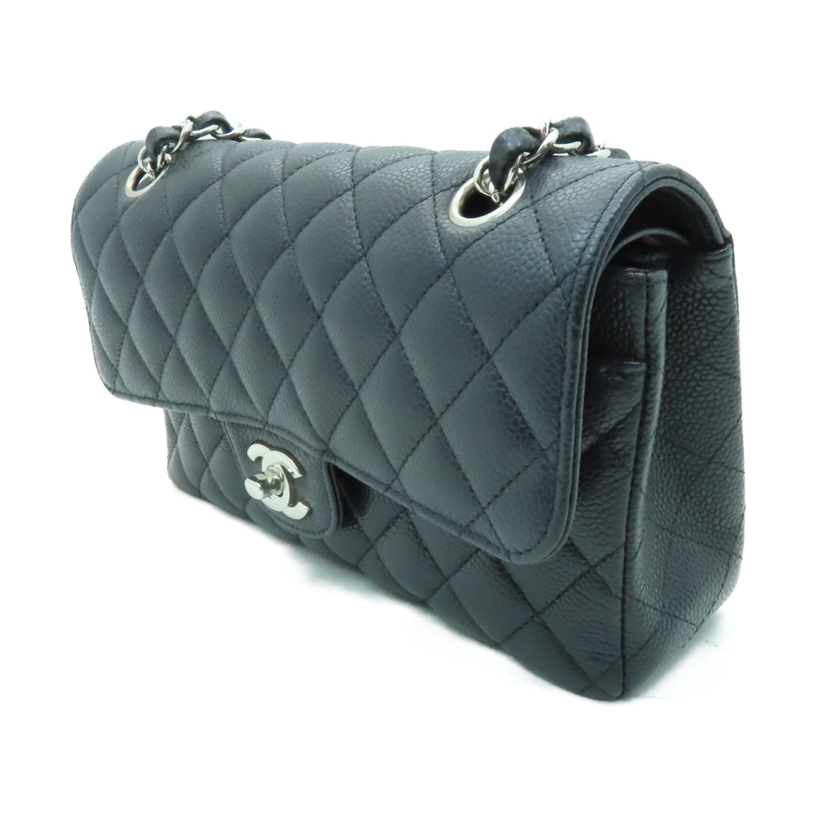 CHANEL 菱格Caviar皮革Classic 22銀扣鏈帶肩背袋黒色