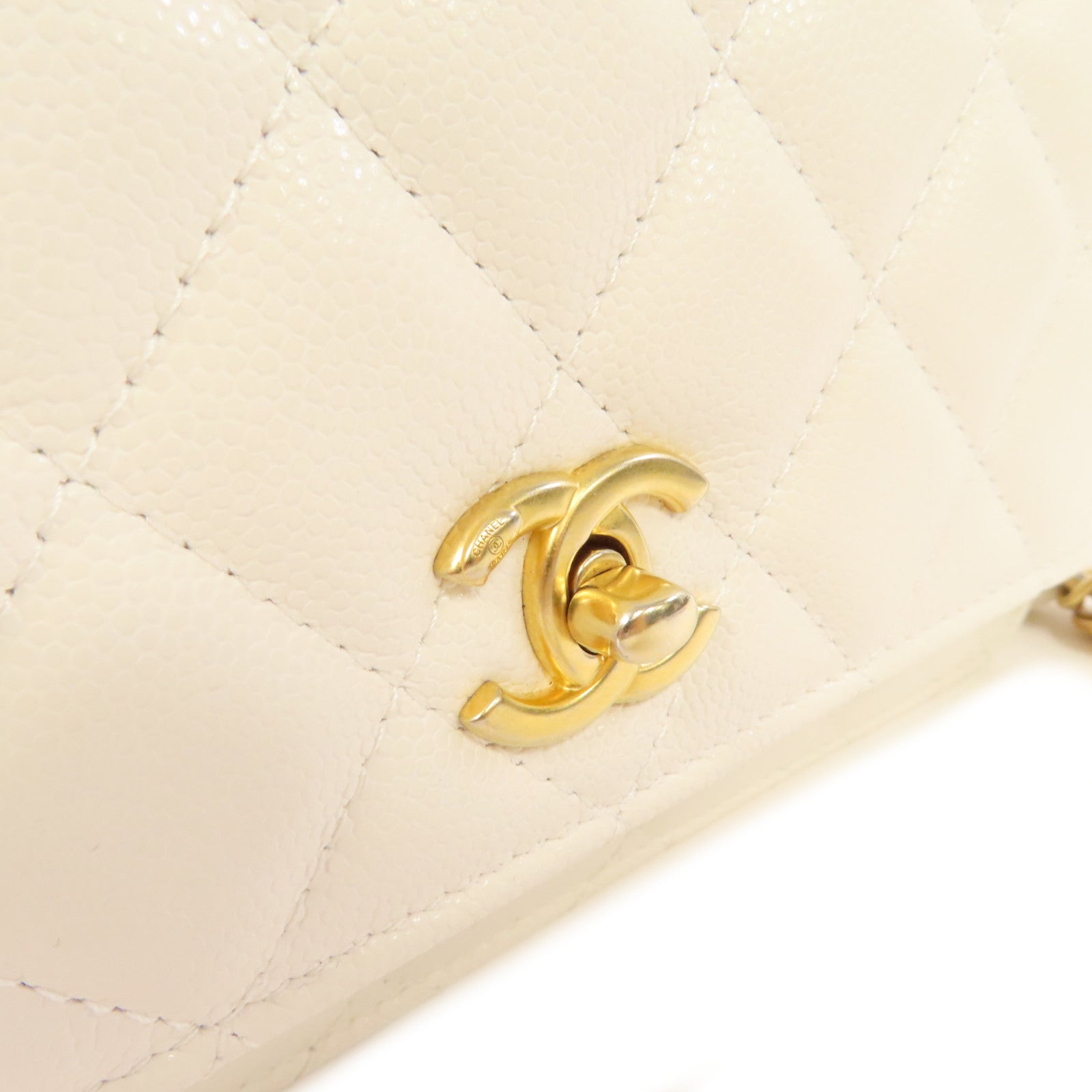 CHANEL 菱格Caviar皮革Gold Coin Chain WOC Shoulder Bag金扣鏈帶肩背袋米白色