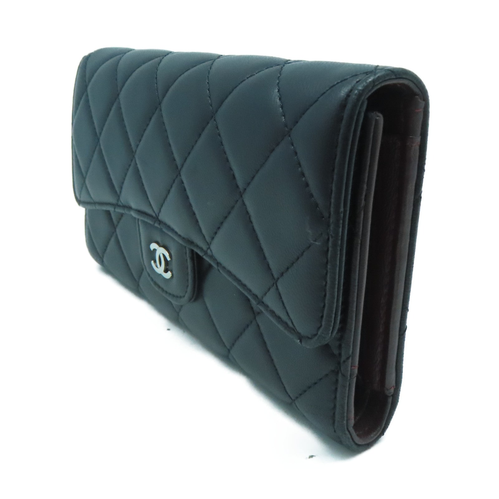 CHANEL 菱格羊皮皮革Round Long Wallet銀扣長錢包黑色