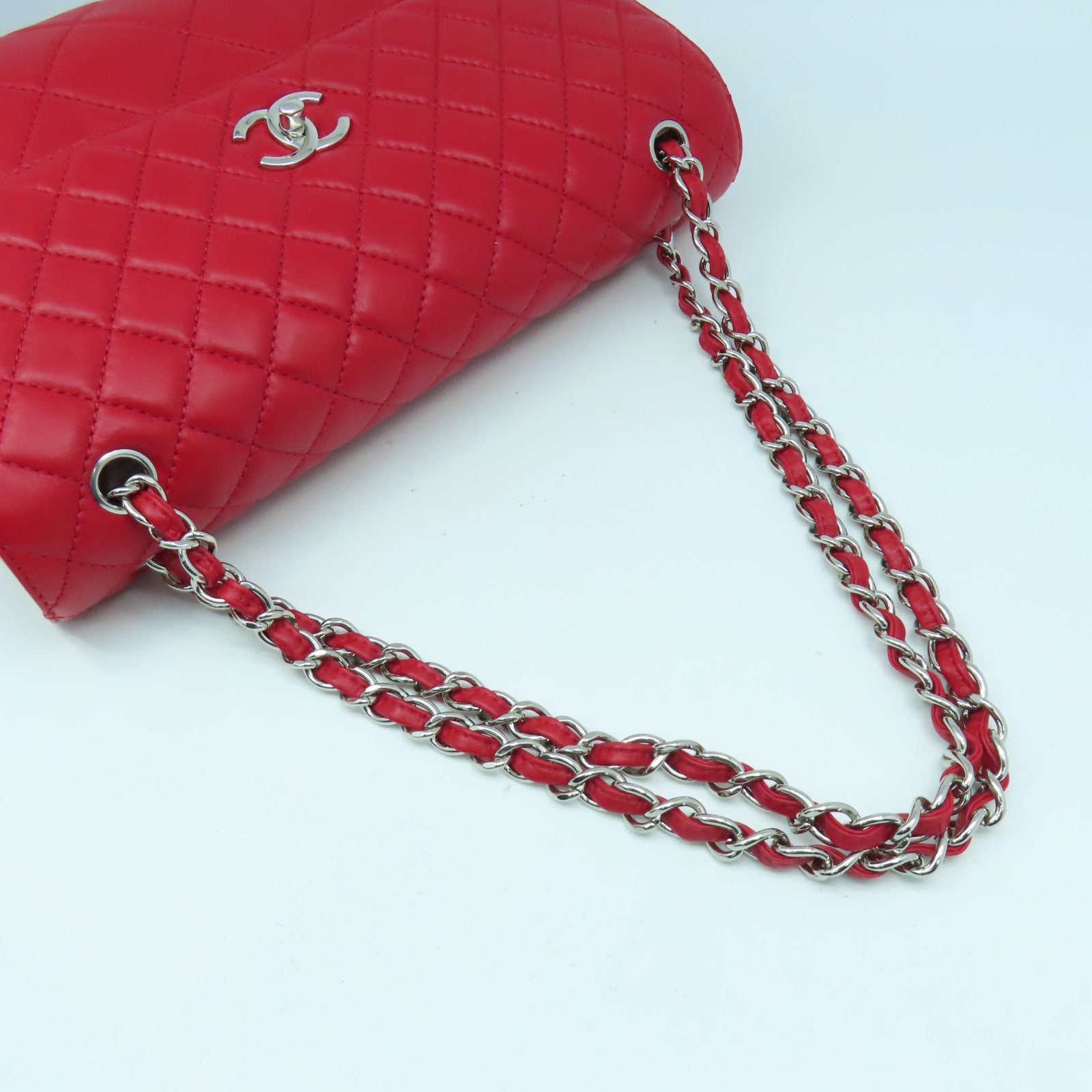 CHANEL 菱格牛皮皮革Chain Shoulder Bag銀扣鏈帶肩背袋紅色