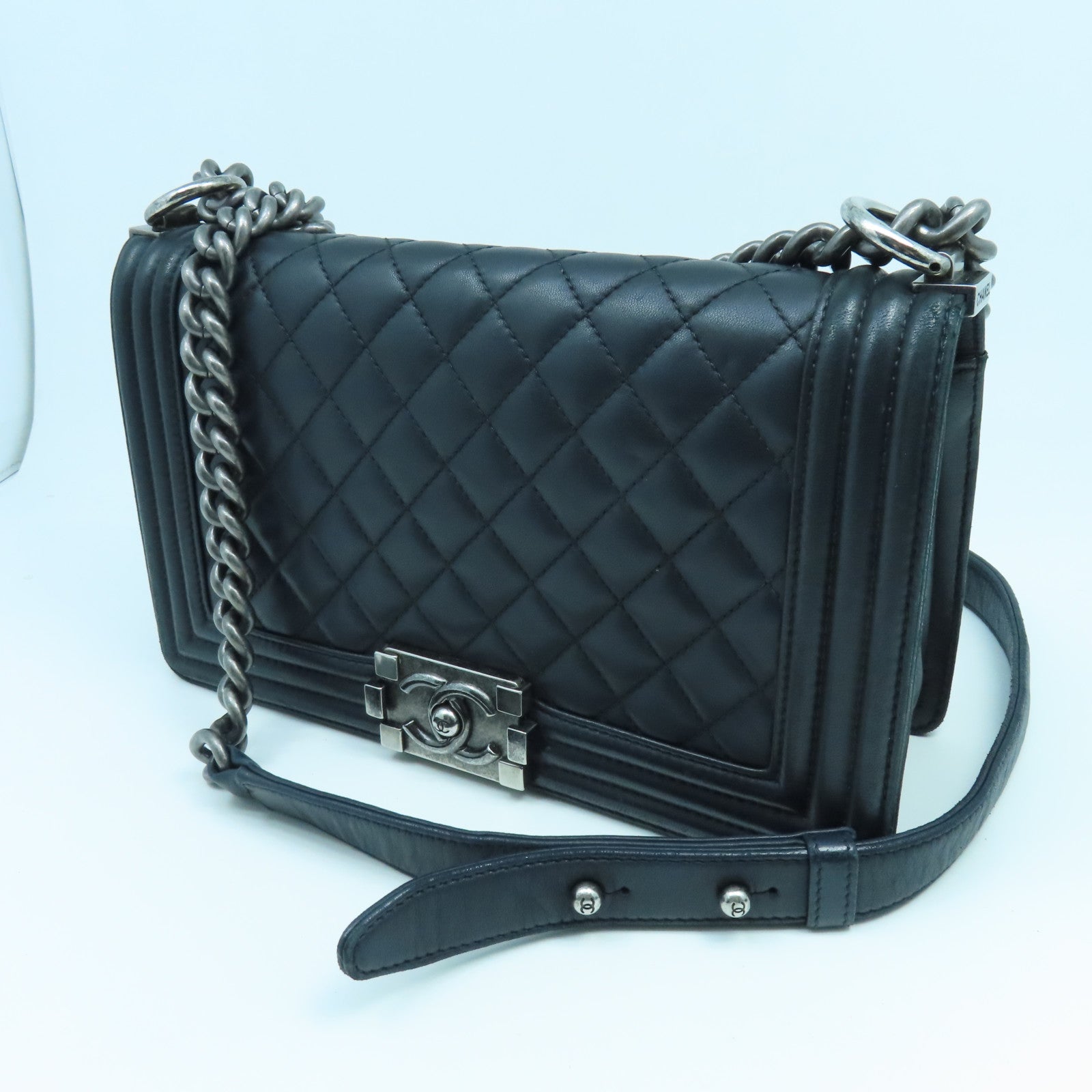 CHANEL Rhombus Sheepskin Leather Boy 25cm Silver Buckle Chain Shoulder Bag Black