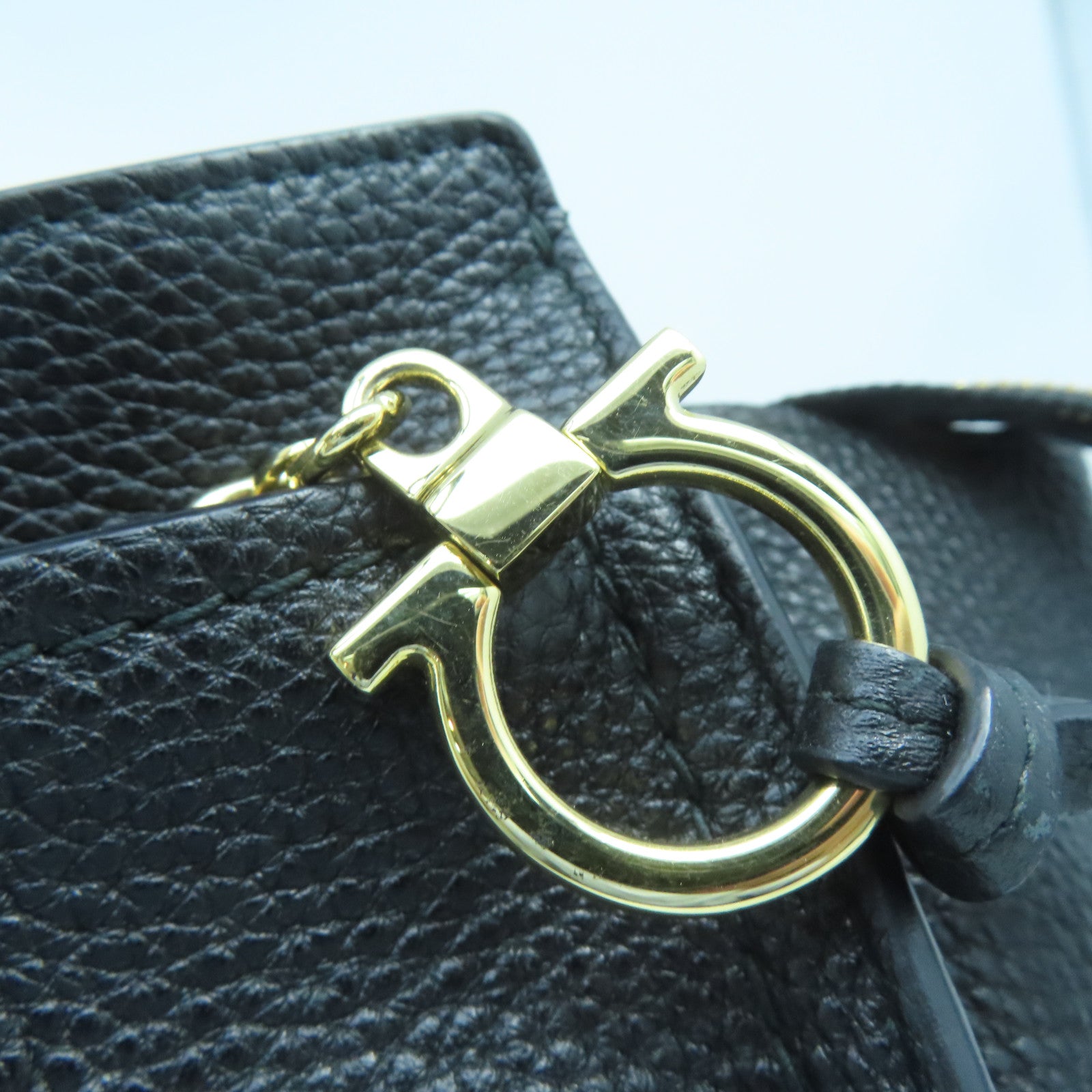 Salvatore Ferragamo cowhide leather Tote Bag gold buckle handle bag black