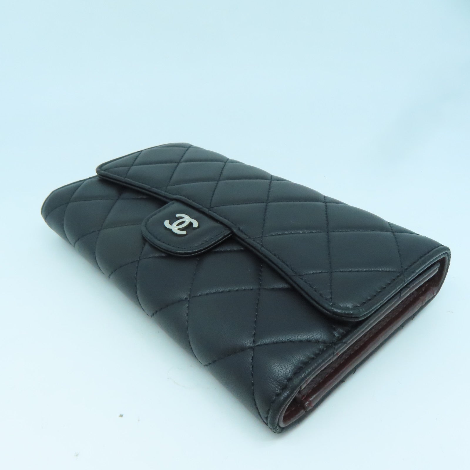 CHANEL 菱格羊皮皮革Round Long Wallet銀扣長錢包黑色