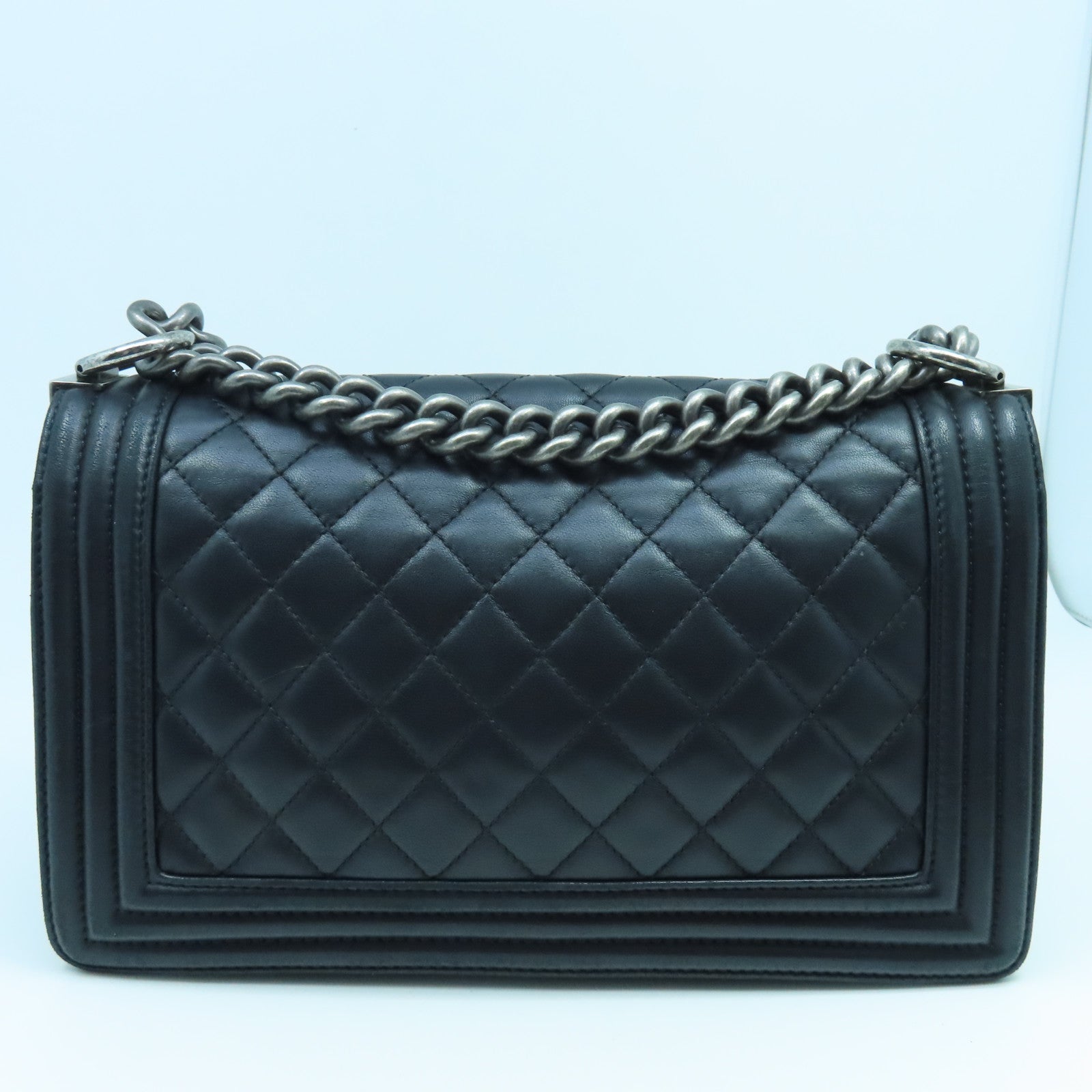 CHANEL Rhombus Sheepskin Leather Boy 25cm Silver Buckle Chain Shoulder Bag Black