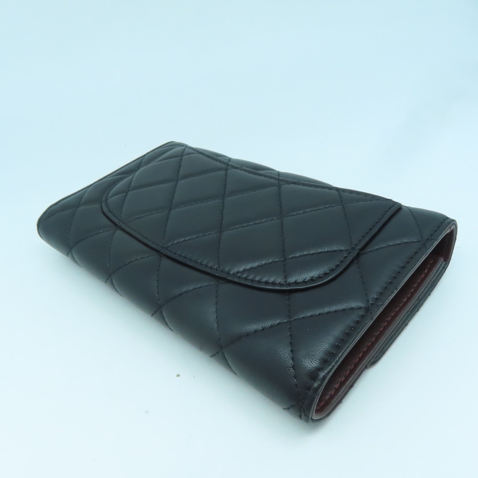 CHANEL 菱格羊皮皮革Round Long Wallet銀扣長錢包黑色