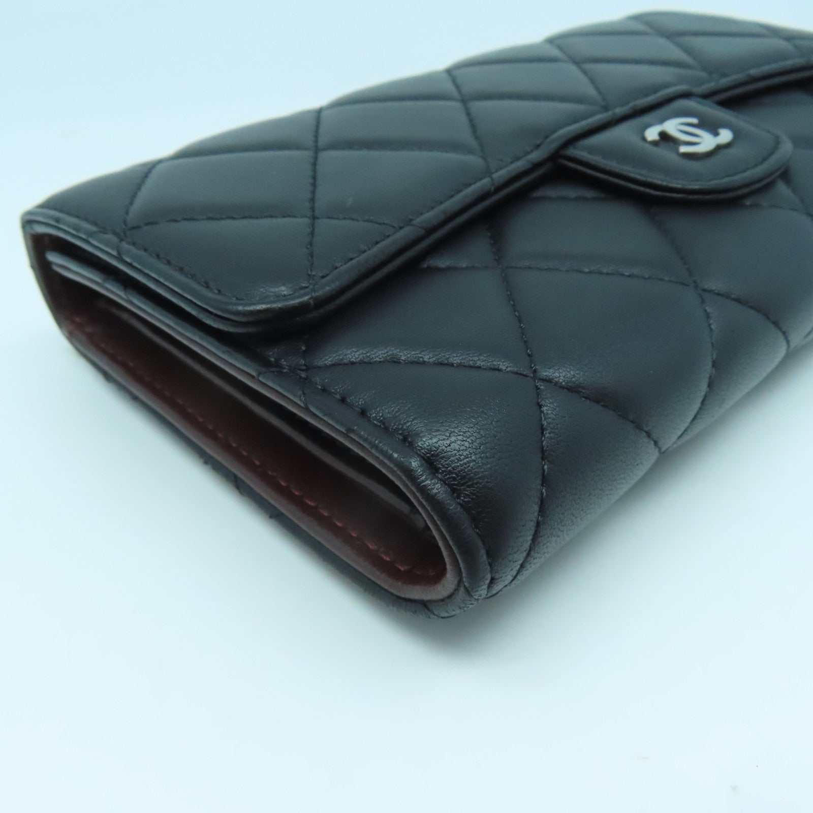 CHANEL 菱格羊皮皮革Round Long Wallet銀扣長錢包黑色